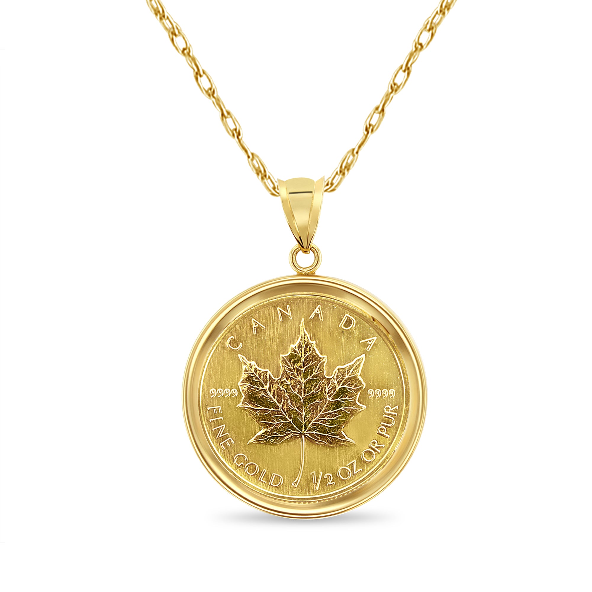 Collier en or jaune 14 carats avec pièce de monnaie en feuille d'érable canadienne de 1/2 oz et lunette polie