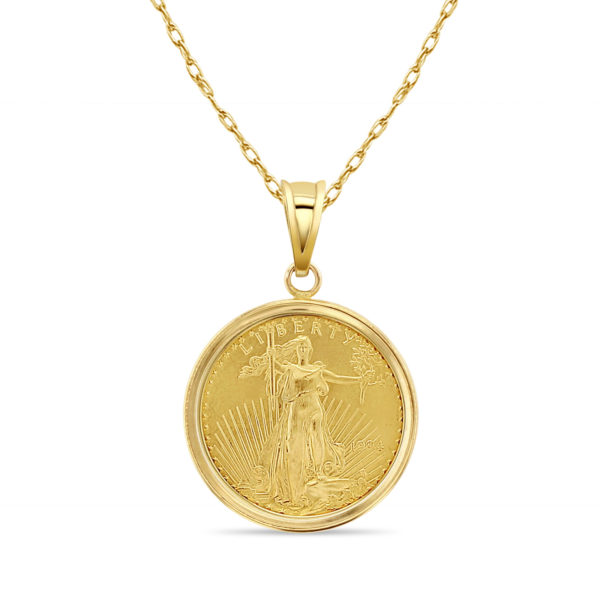 Collar con medallón de la Dama de la Libertad en oro fino de 1/2 oz con bisel pulido