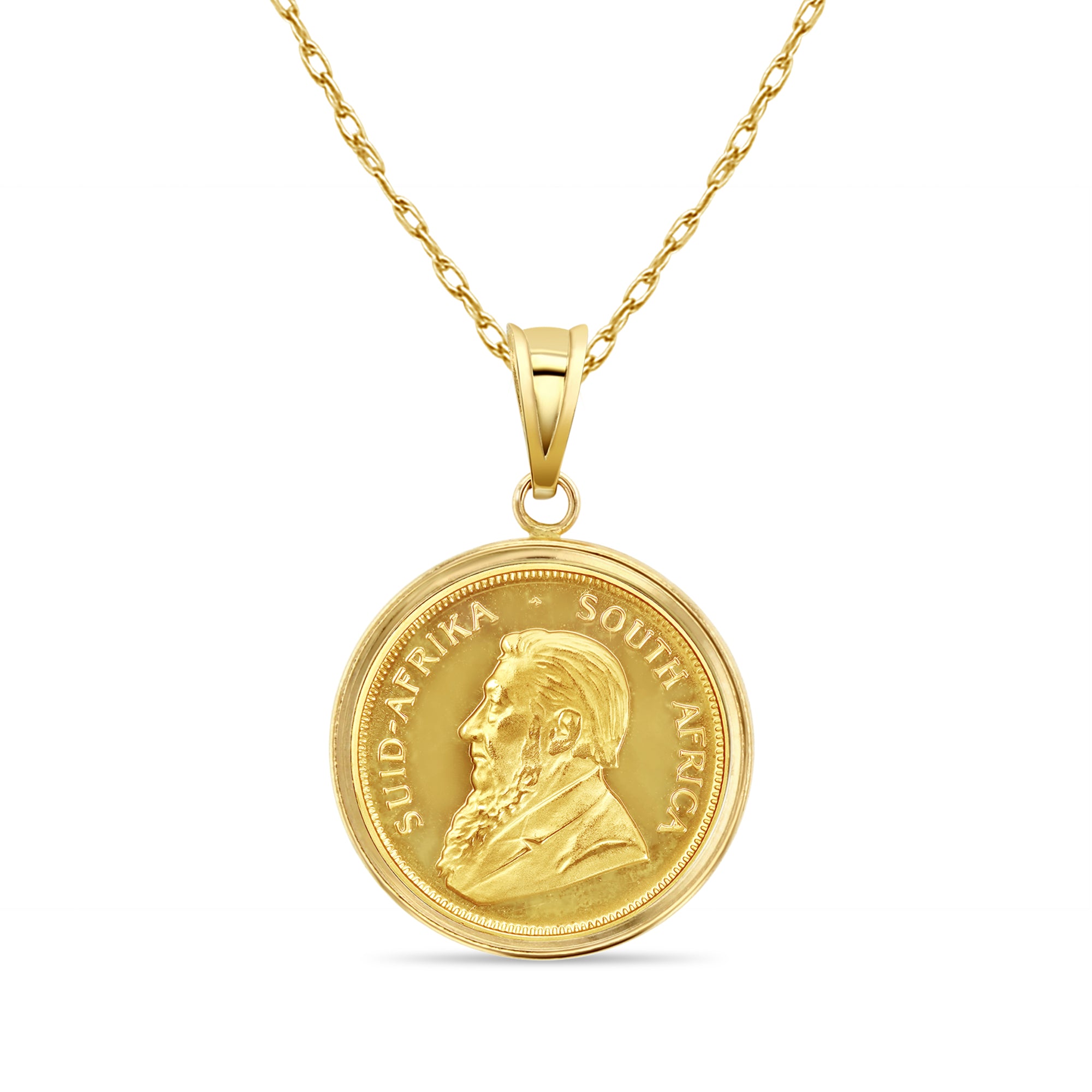 1/2OZ Fine Gold South African Krugerrand Coin Necklace with Polished Halo