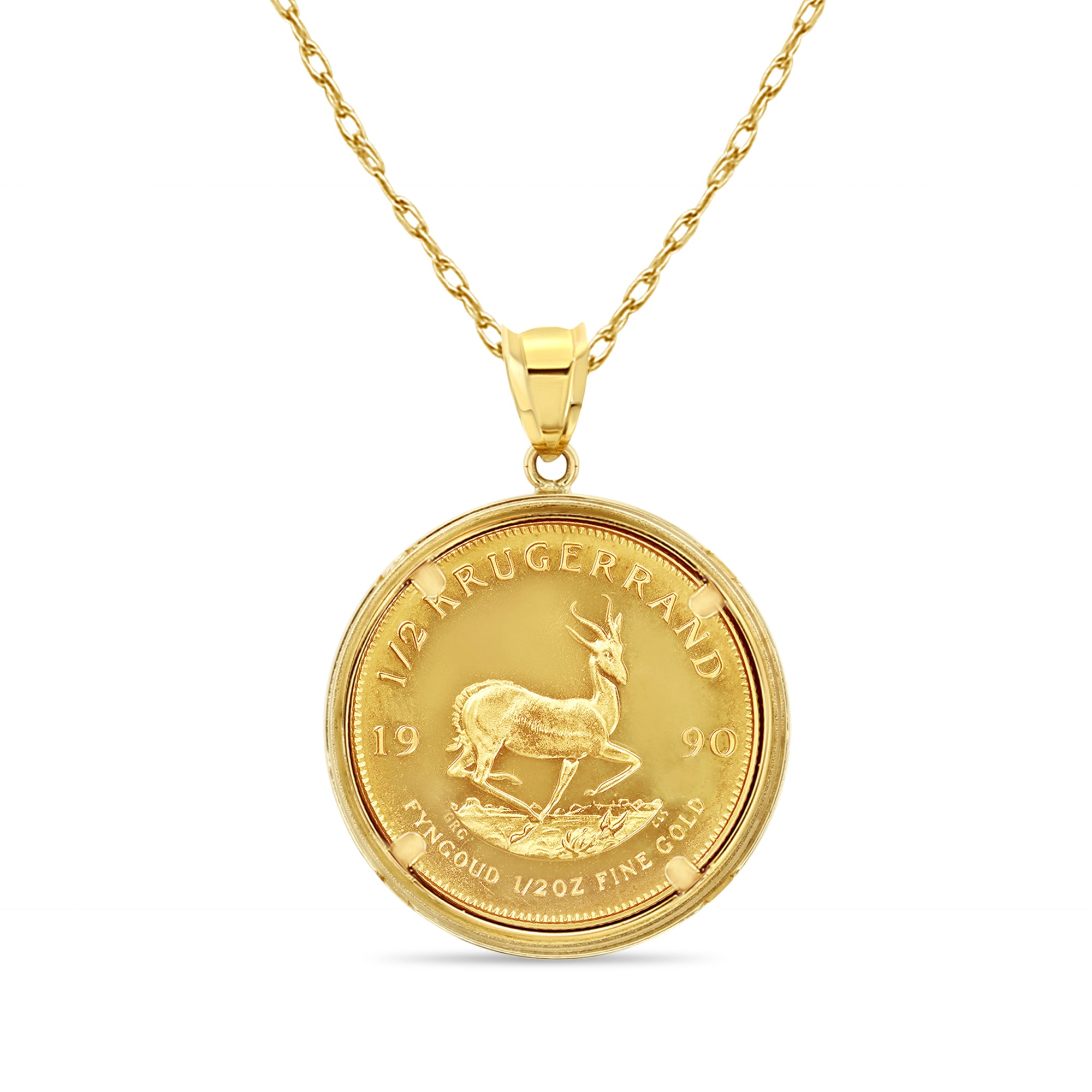 1/2OZ Fine Gold South African Krugerrand Coin Necklace with Polished Halo