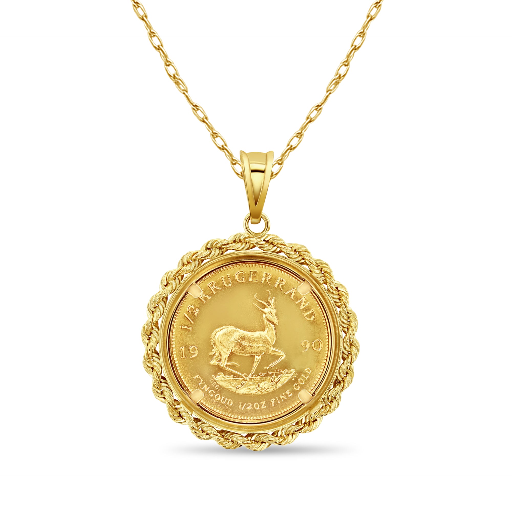 Collar con moneda Krugerrand sudafricana de oro fino de 1/2 oz con bisel de cuerda