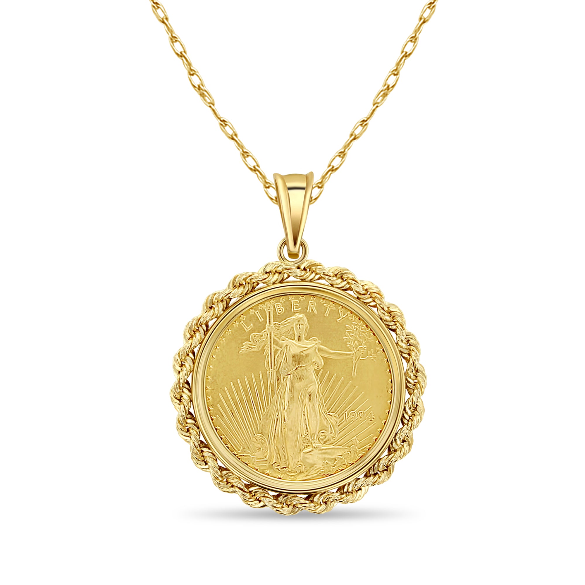 Collar con moneda de águila voladora de la Estatua de la Libertad de 1/2 oz con bisel de cuerda