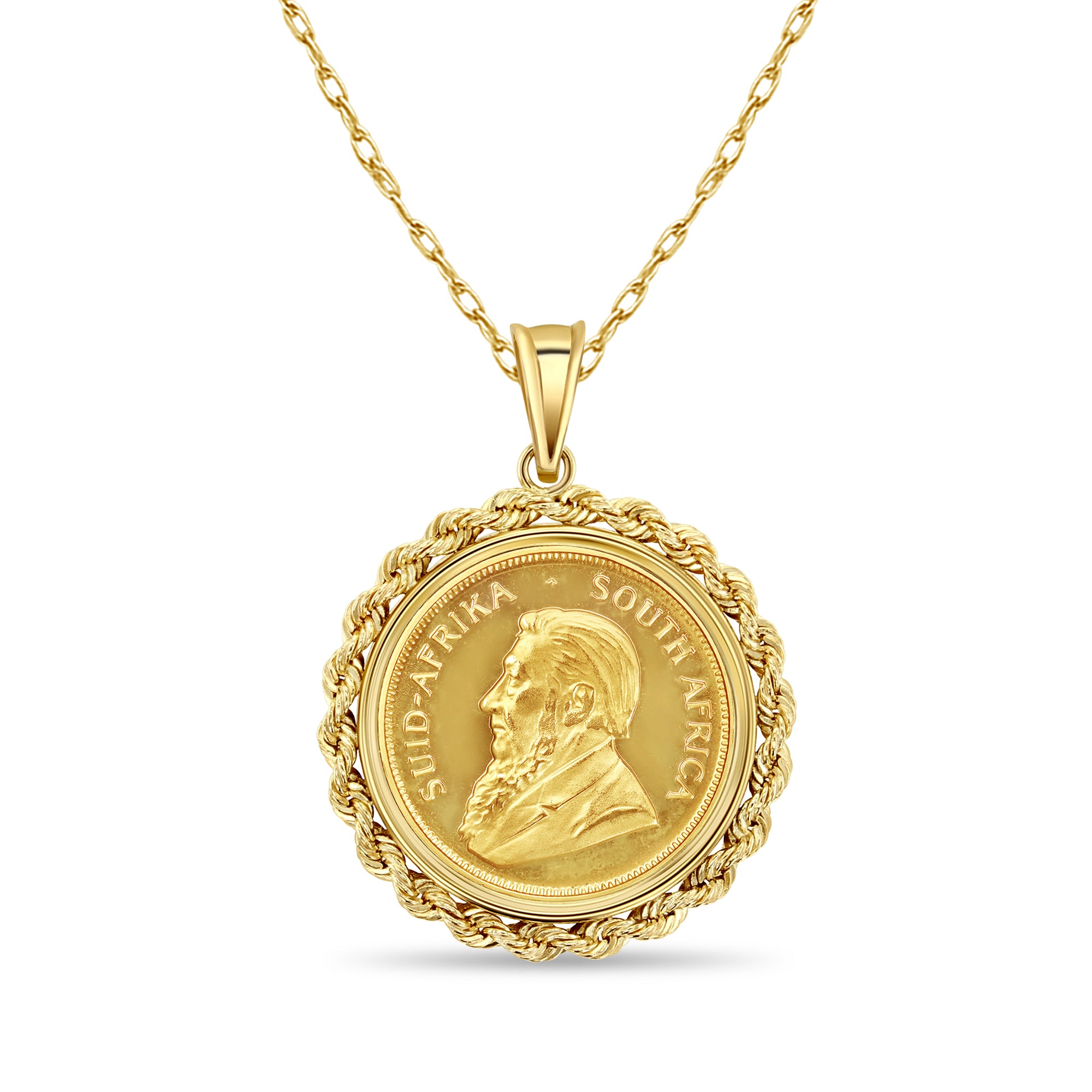 Collar con moneda Krugerrand sudafricana de oro fino de 1/2 oz con bisel de cuerda