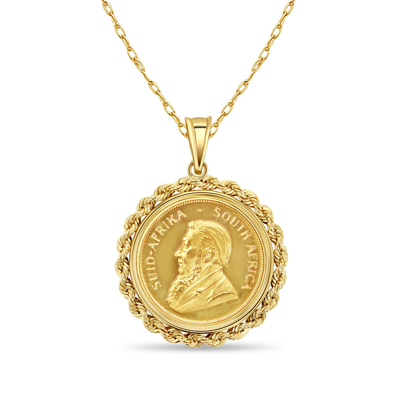 Collier en or fin 1/2 oz avec pièce de monnaie sud-africaine Krugerrand et lunette en corde