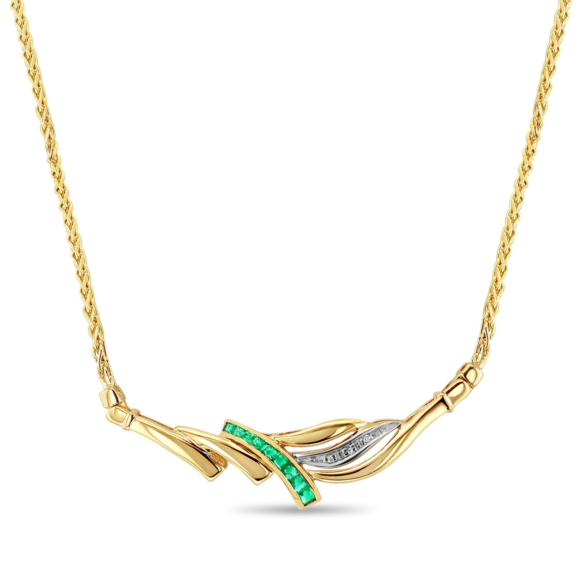 Half Carat Emerald & Diamond Necklace with Wheat Chain