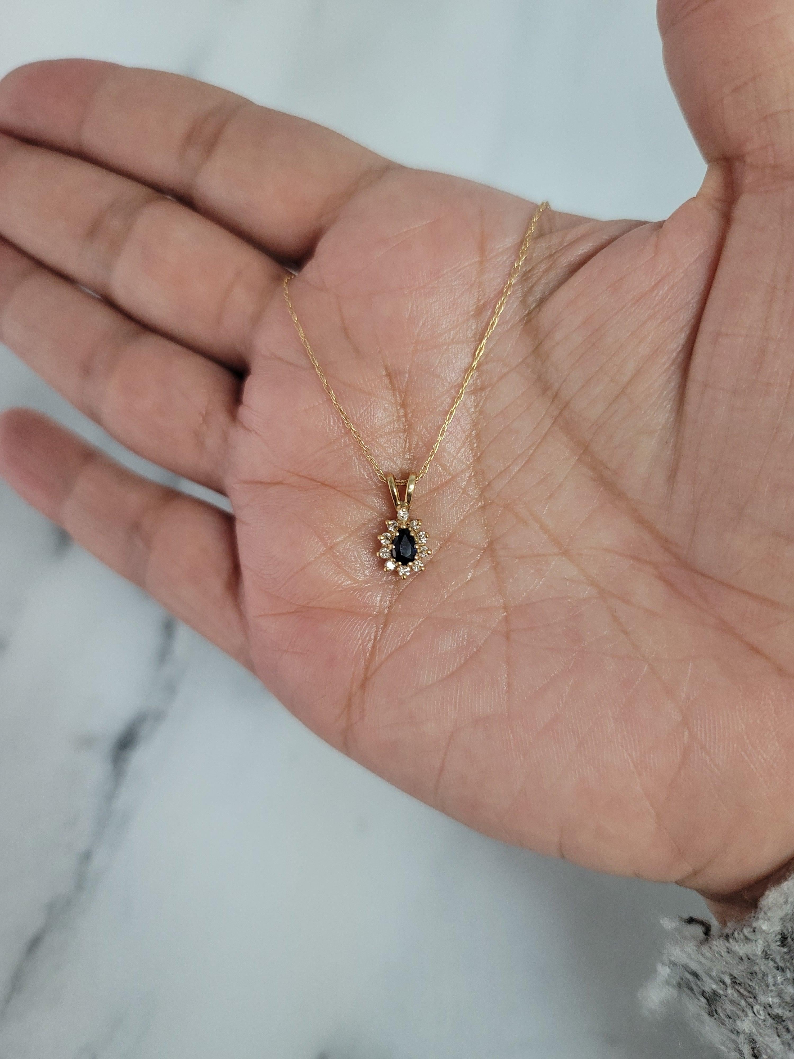 Half Carat Sapphire Diamond Halo Necklace 14k Yellow Gold