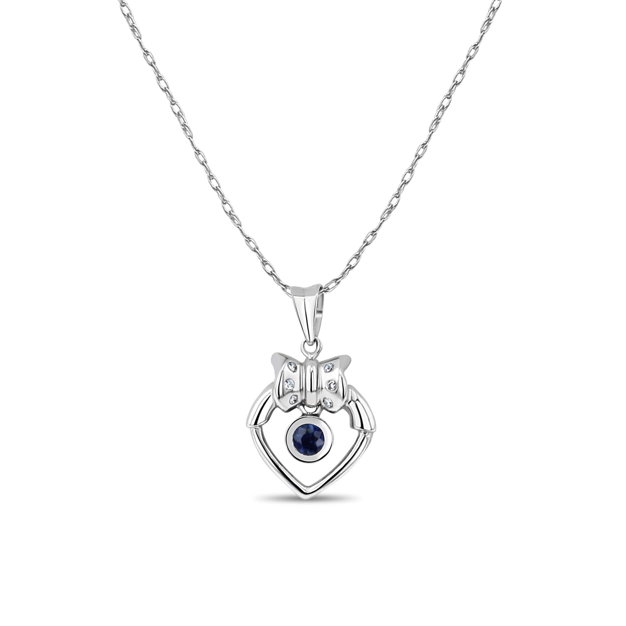 Heart Shaped Necklace with Sapphire Center & Bow Accent 14k White Gold