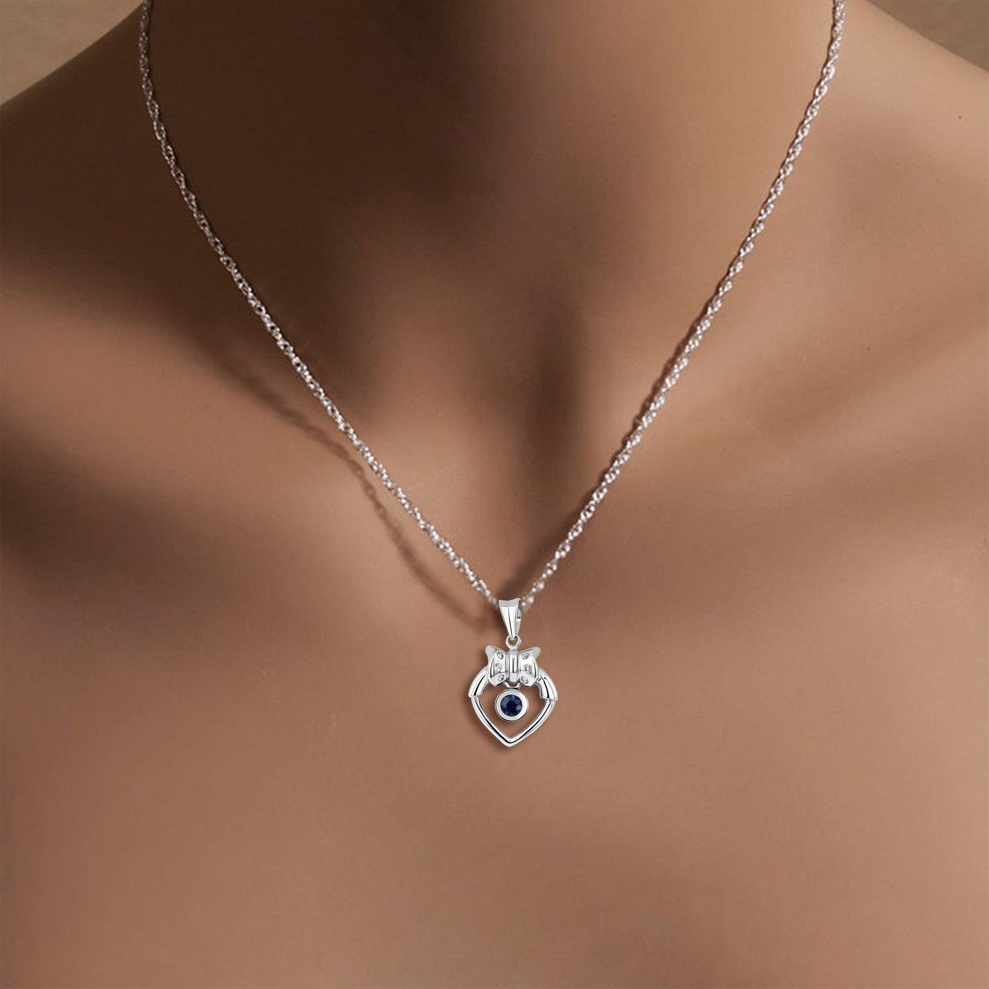 Heart Shaped Necklace with Sapphire Center & Bow Accent 14k White Gold