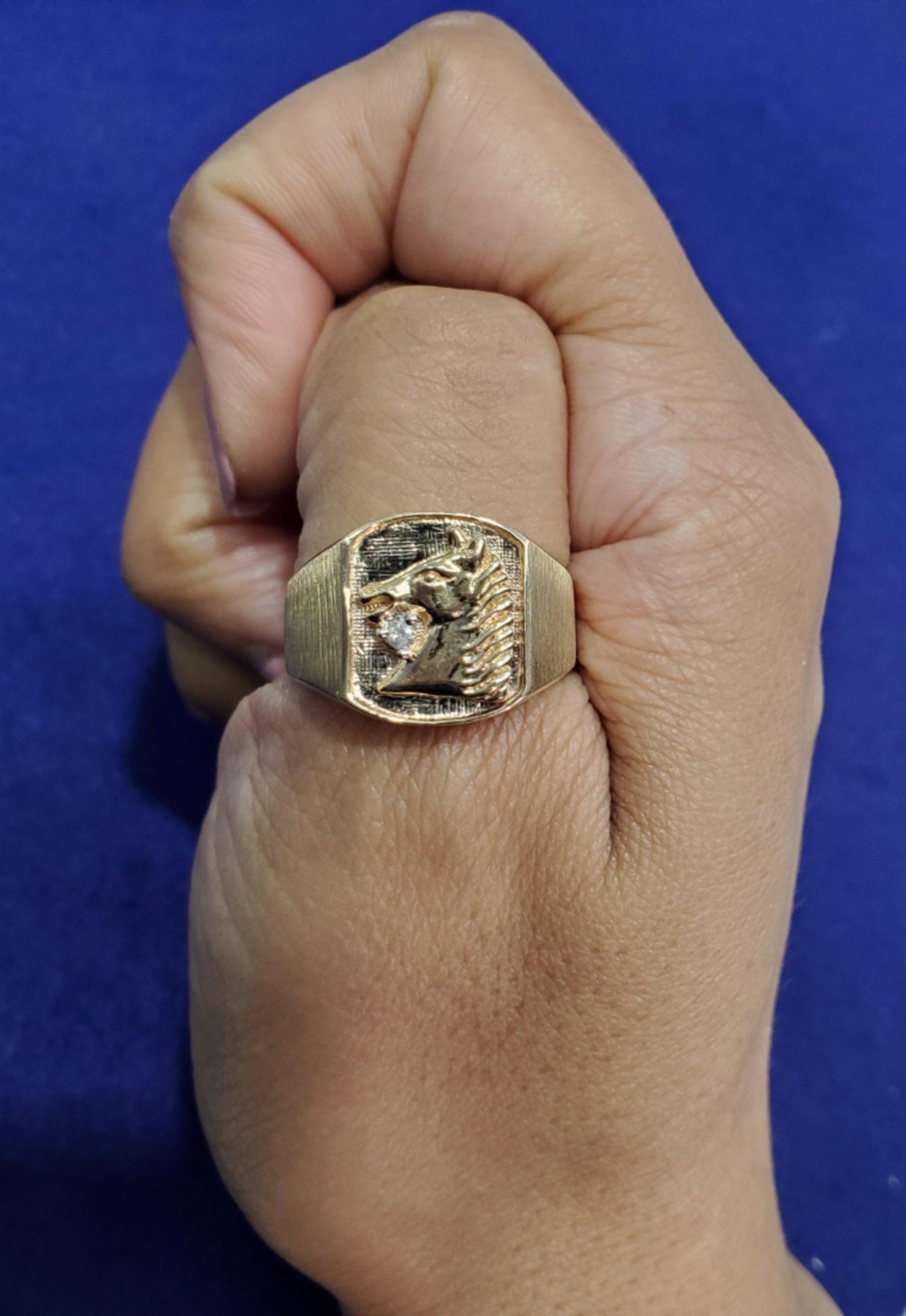 Horse Head with Diamond Signet Ring 10k Yellow Gold