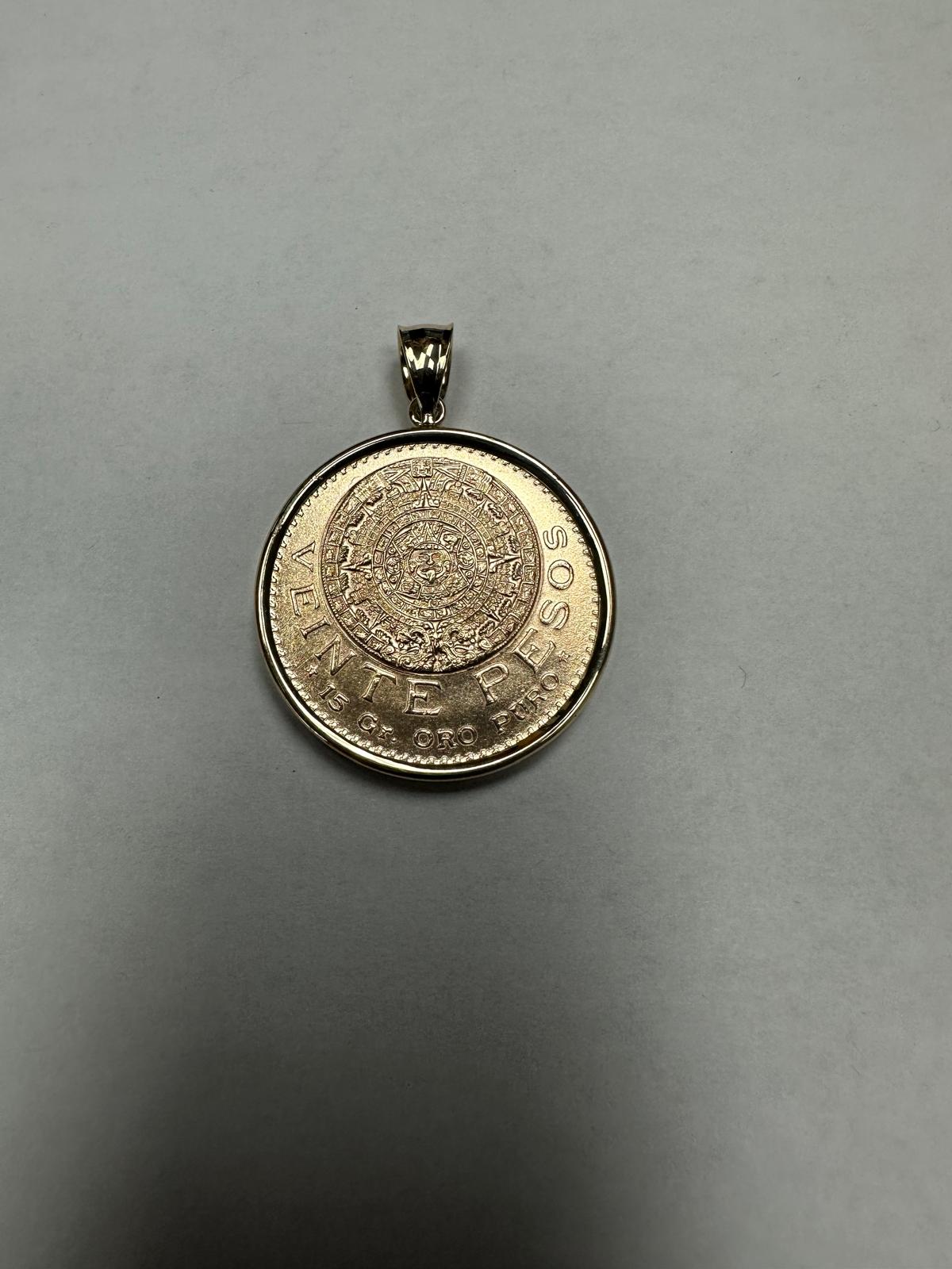 Veinte Pesos Gold Coin Necklace with Polished Bezel 14k Yellow Gold