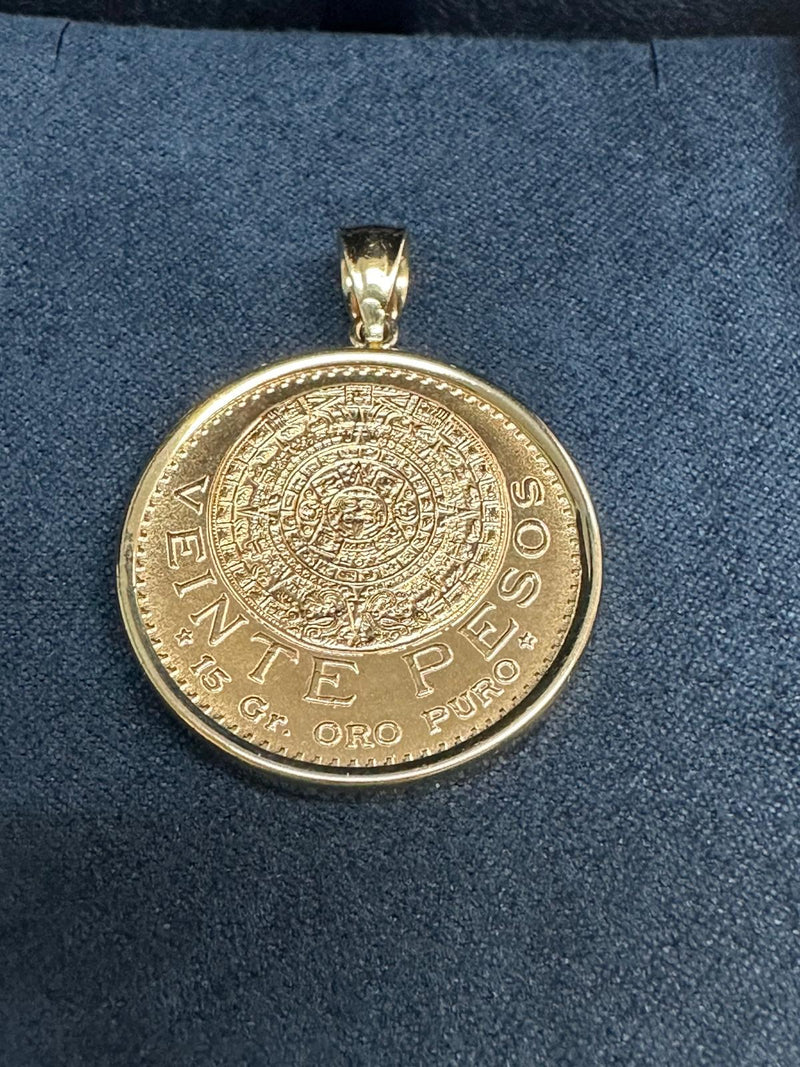 Veinte Pesos Gold Coin Necklace with Polished Bezel 14k Yellow Gold