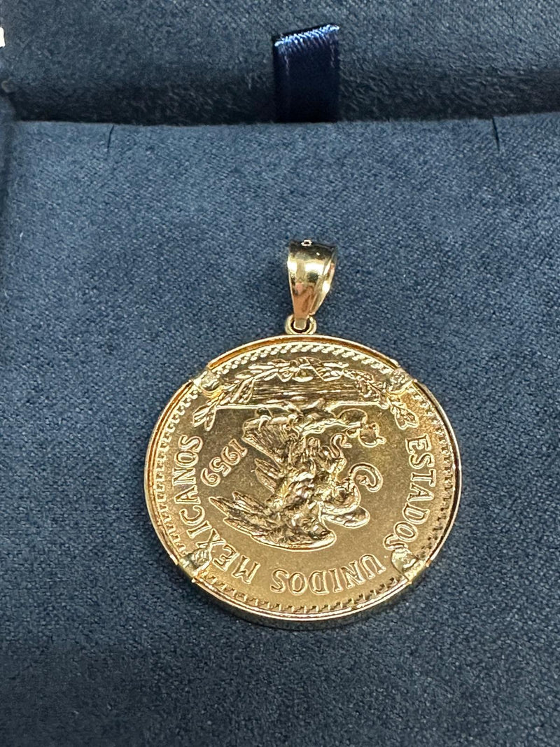 Veinte Pesos Gold Coin Necklace with Polished Bezel 14k Yellow Gold