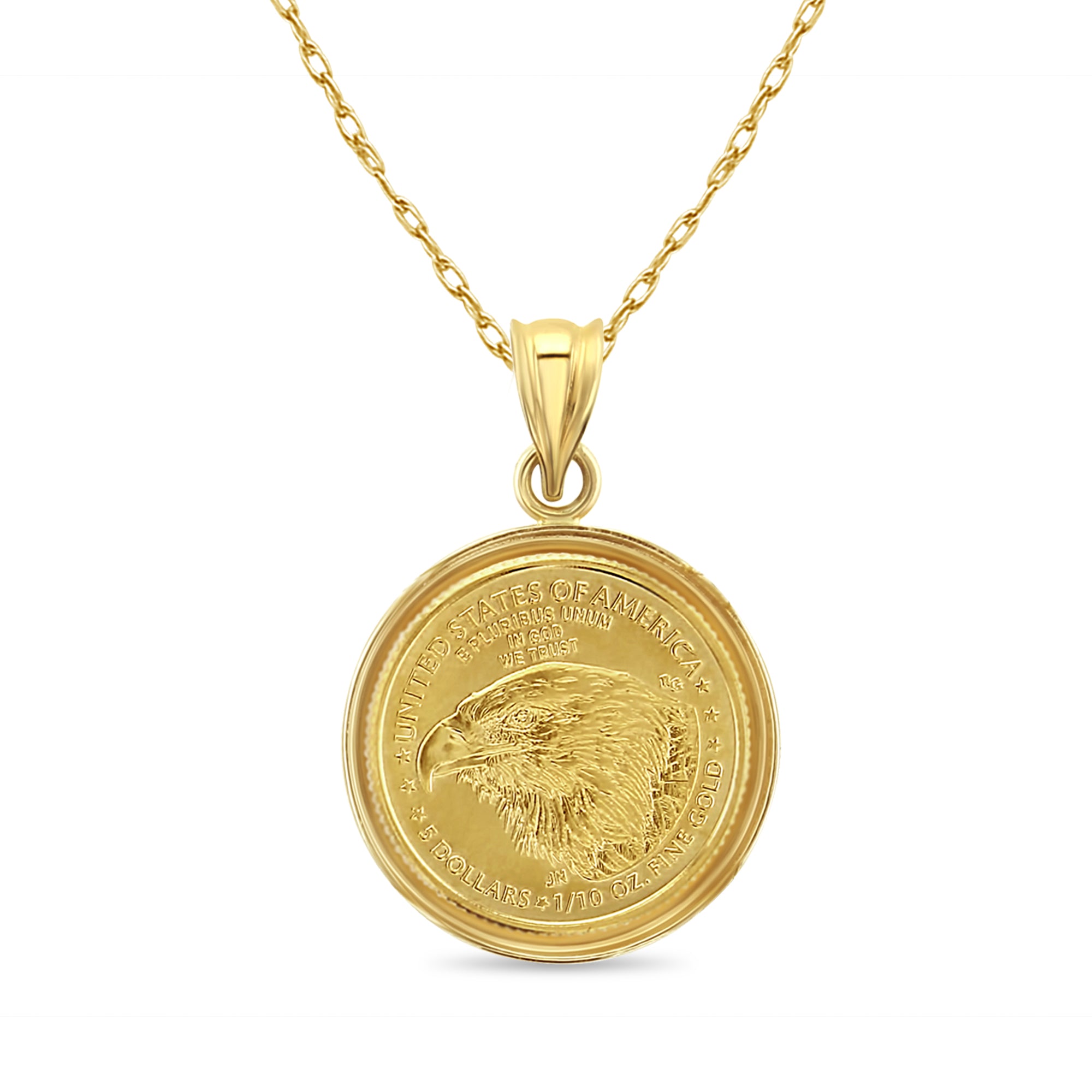 1/10OZ Fine Gold Lady Liberty Coin Necklace with Polished Bezel