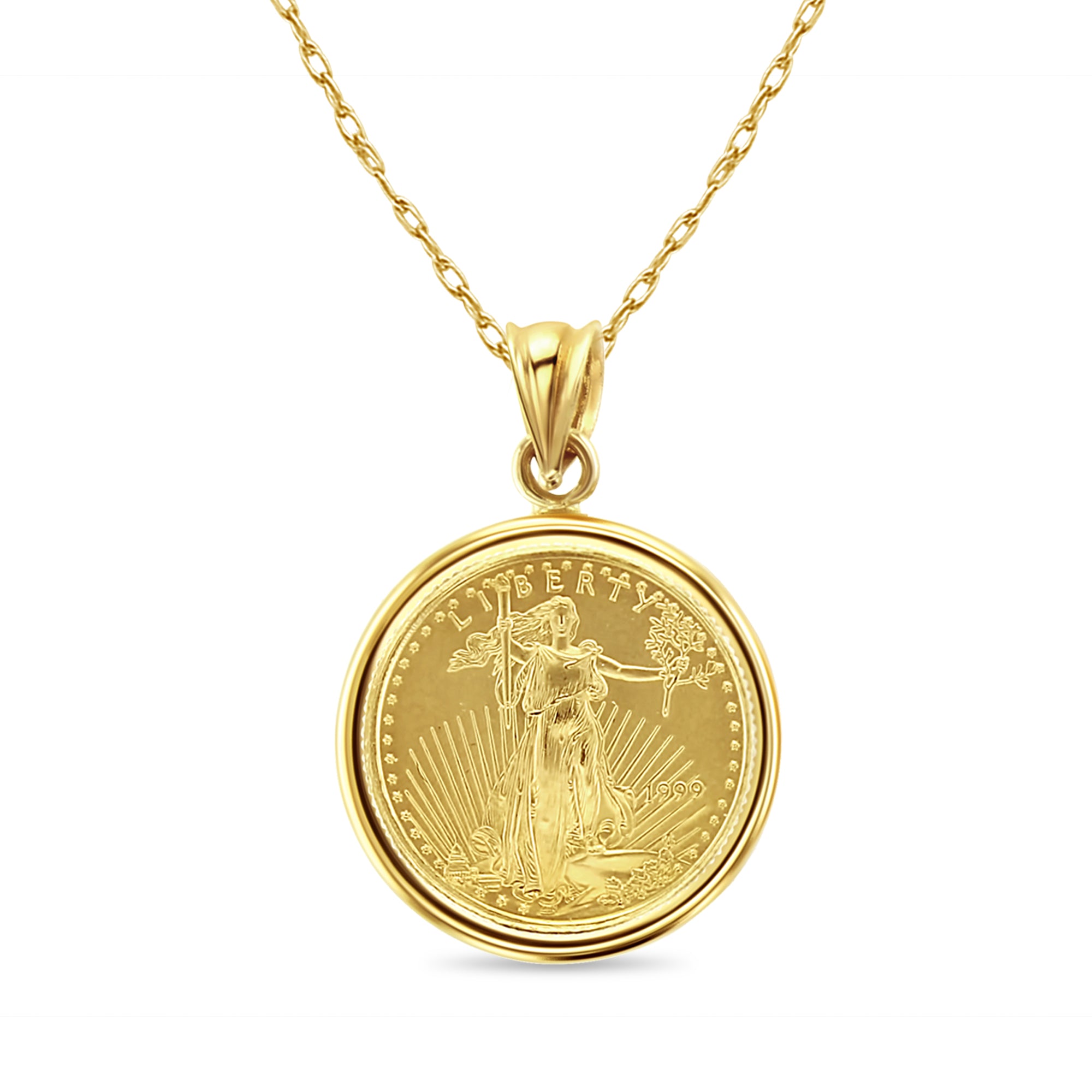 1/10OZ Fine Gold Lady Liberty Coin Necklace with Polished Bezel