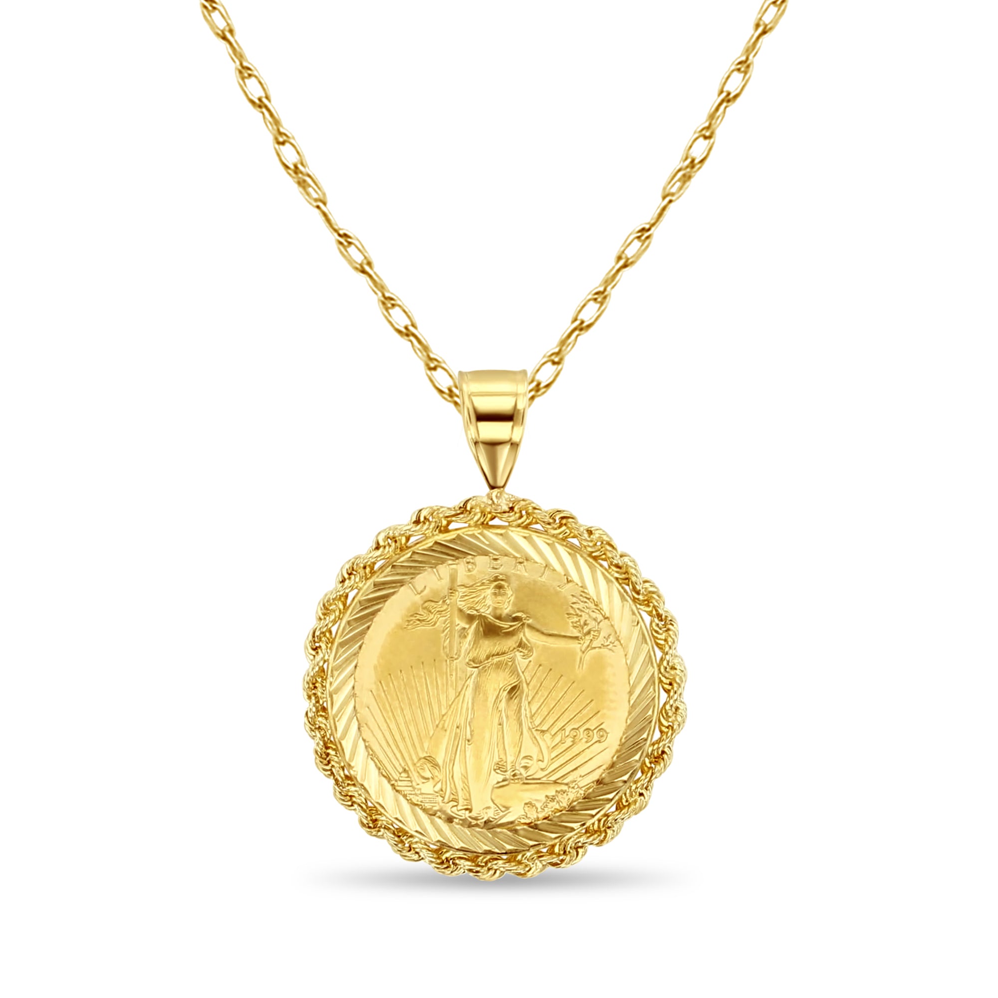 American Eagle Lady Liberty Medallion with Rope & Diamond Cut Bezel Necklace