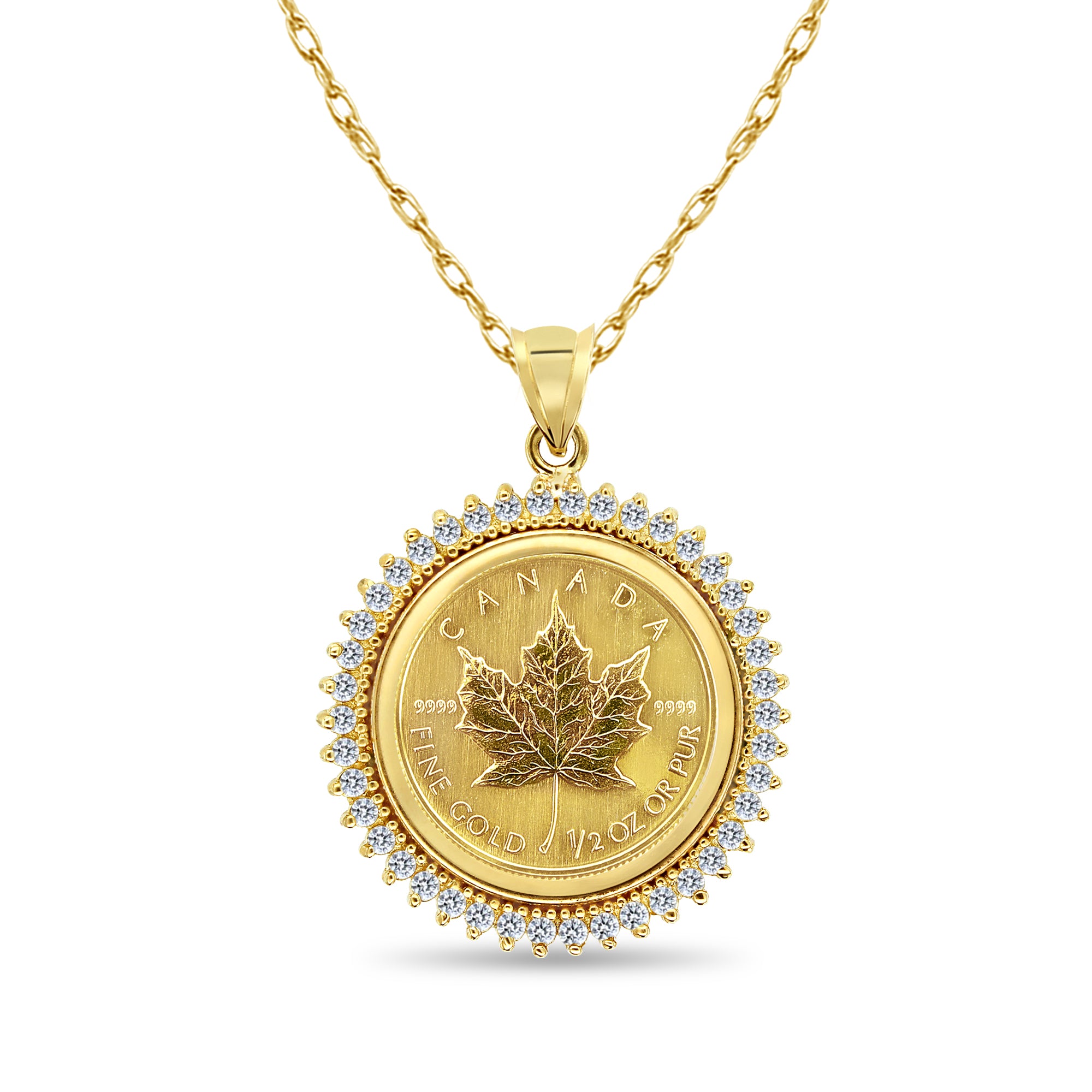 Collar con moneda de diamante y hoja de arce canadiense de oro fino de 1/2 oz