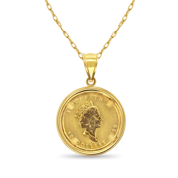 1/4OZ Fine Gold Canadian Maple Leaf Coin Necklace with Polished Bezel