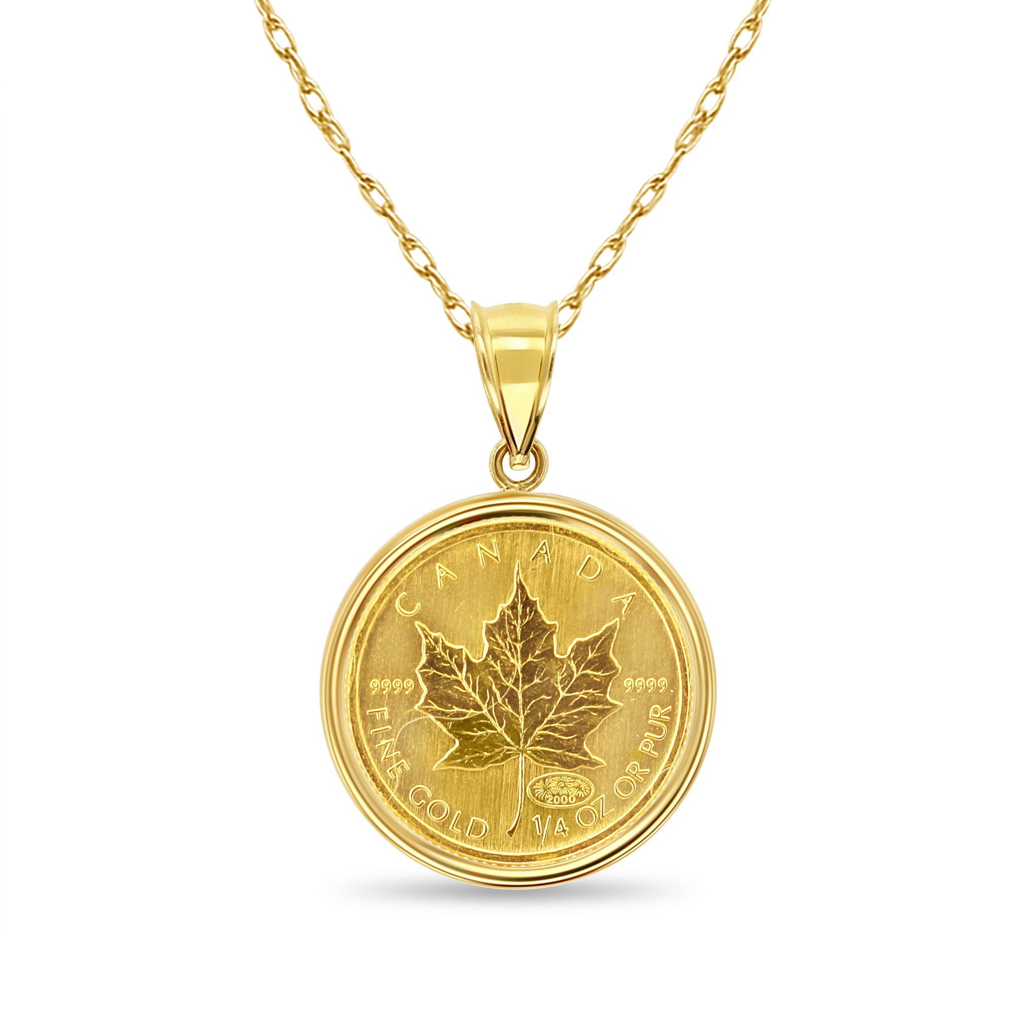 Collar con moneda de hoja de arce canadiense de oro fino de 1/4 oz con bisel pulido