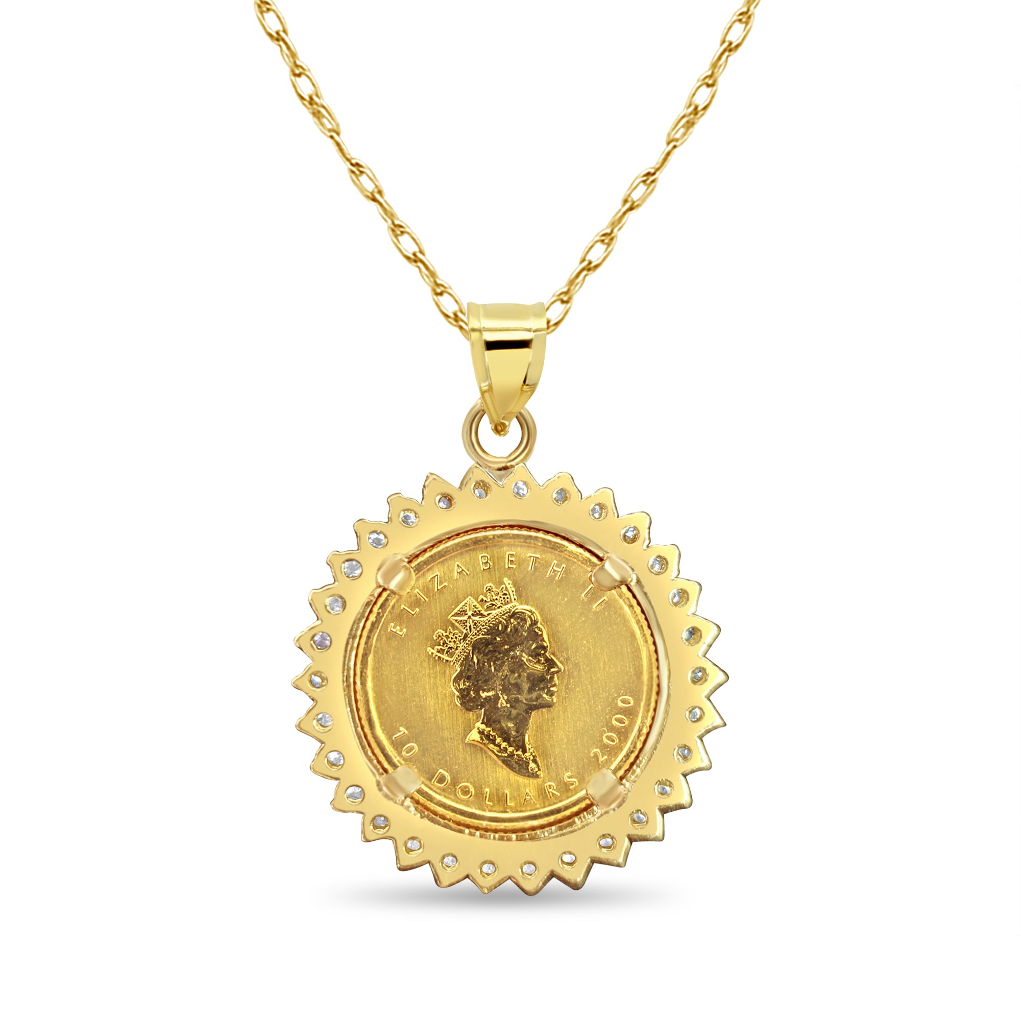 Collar con moneda de diamante y hoja de arce canadiense de oro fino de 1/4 oz