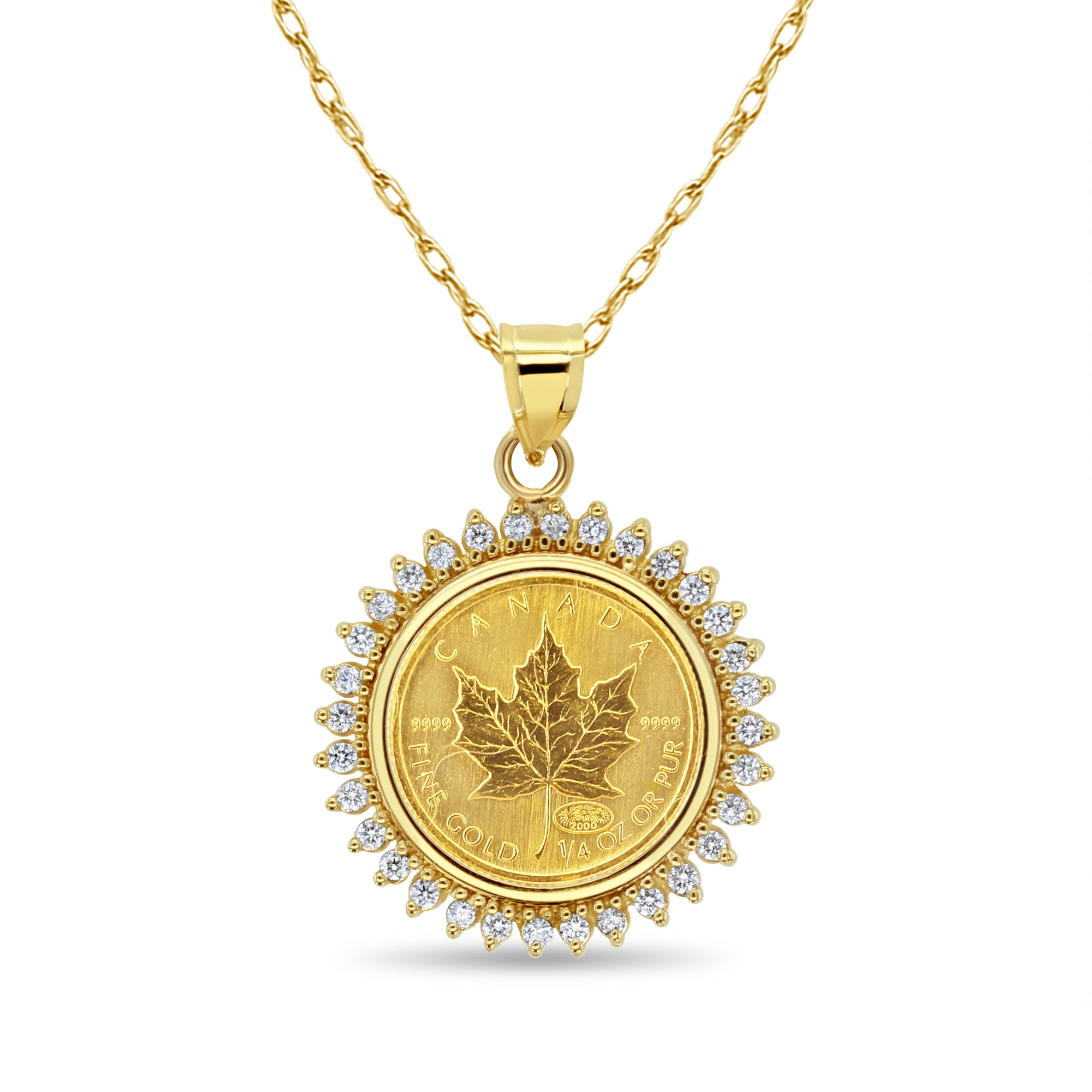 Collar con moneda de diamante y hoja de arce canadiense de oro fino de 1/4 oz