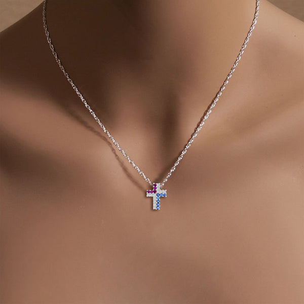 Diamond, Ruby & Sapphire Cross Necklace 14k White Gold