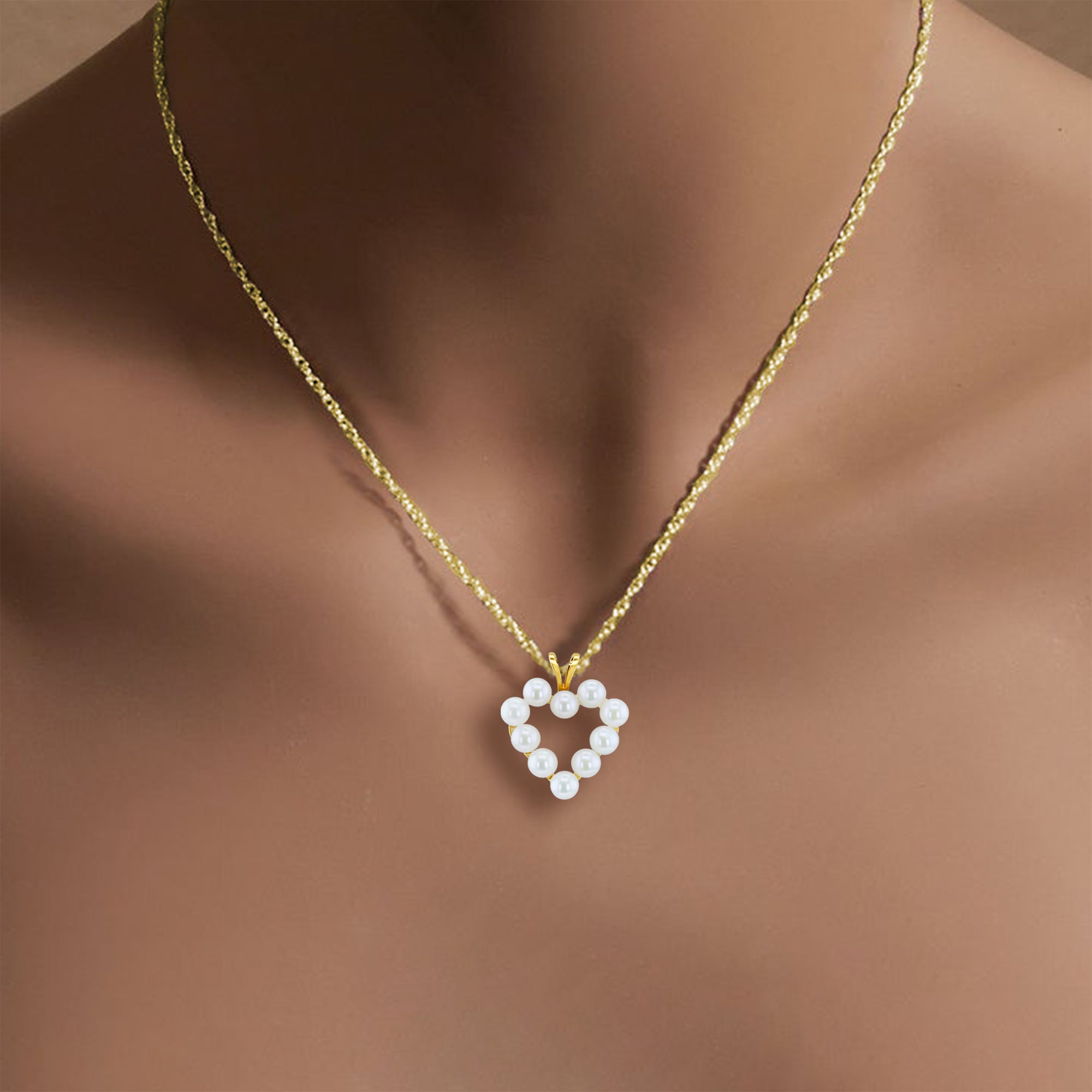 Dainty Pearl Heart Shaped Necklace 14k Yellow Gold