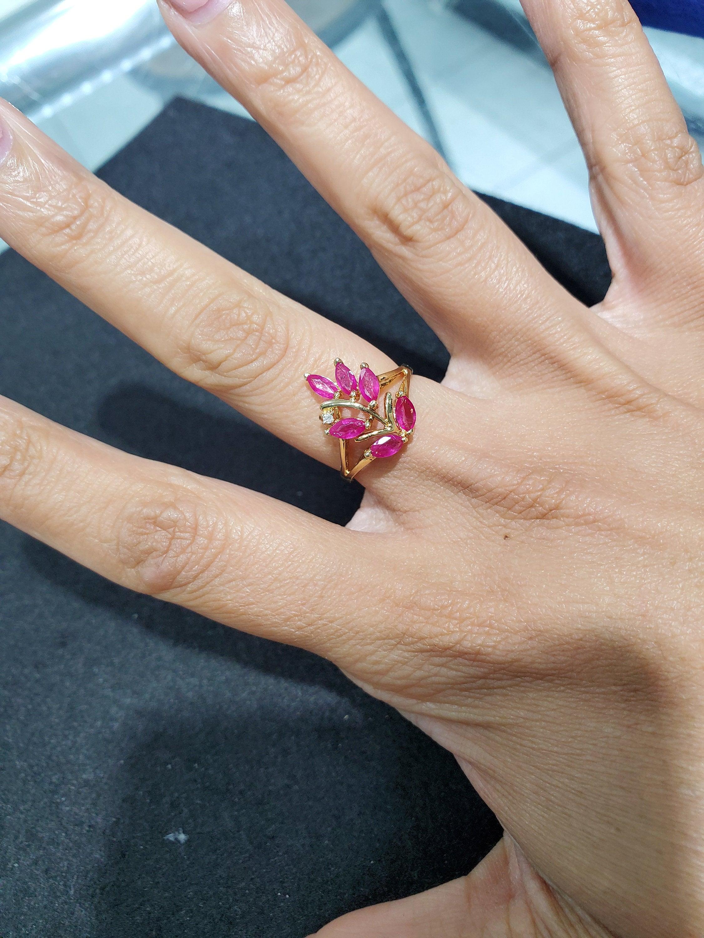 Marquise Ruby Floral Cluster Ring 14k Yellow Gold