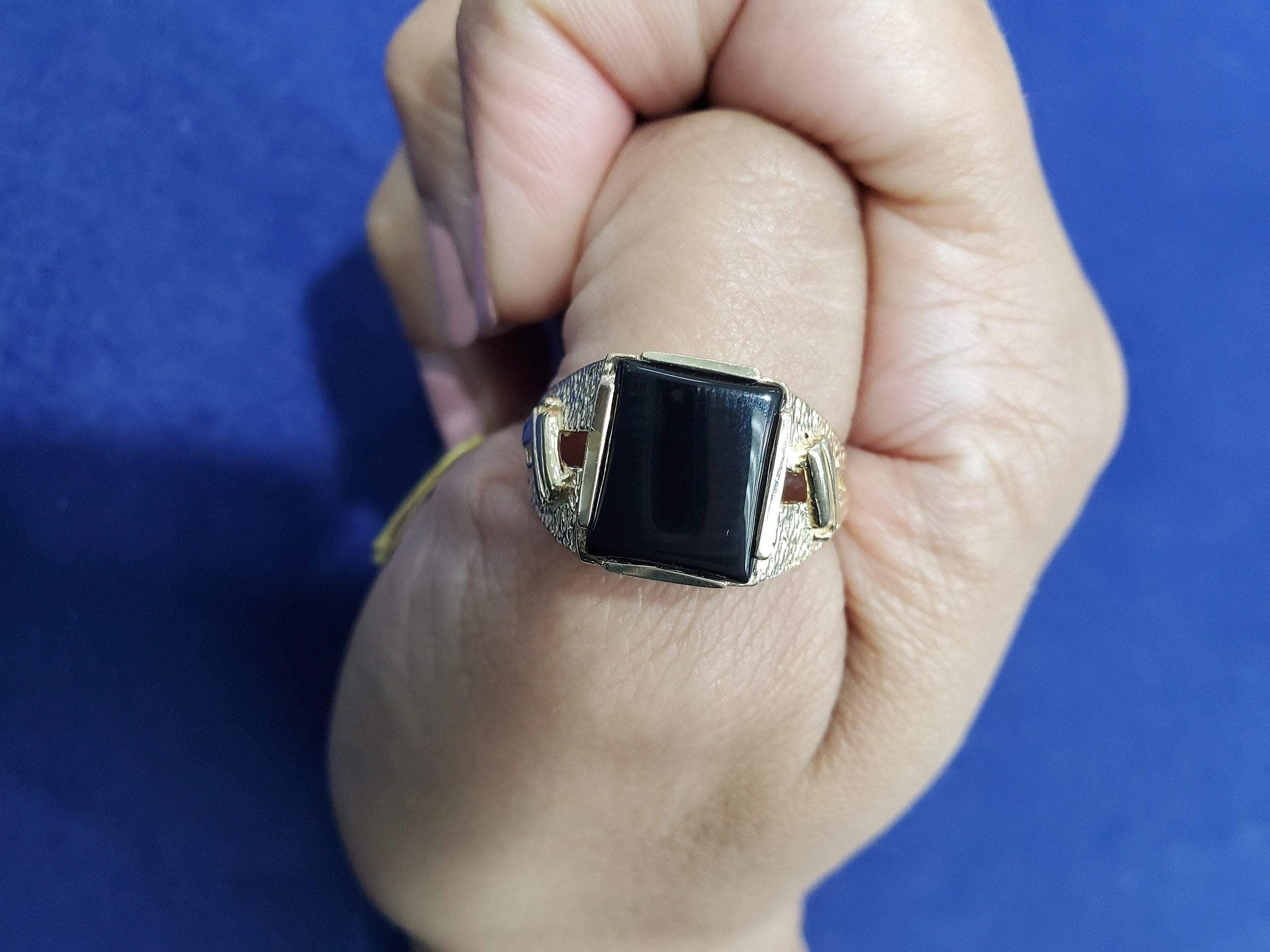 Men's Square Onyx Ring with Gun Design 14k Yellow Gold