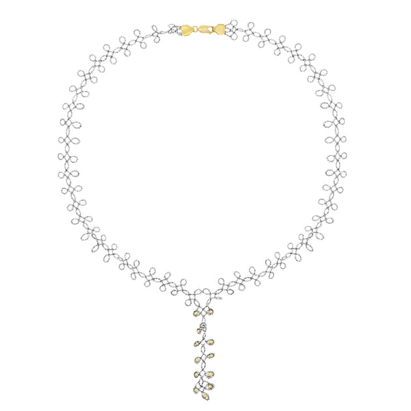 Gold Beaded Leaf Drop Necklace 14k Yellow & White Gold