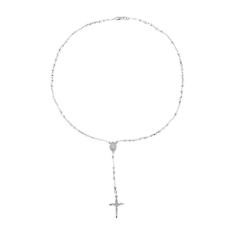 Collier en or blanc 14 carats avec chapelet catholique en forme de Y et perles de la station de la Vierge Marie