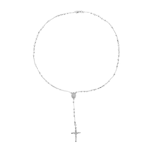 14k White Gold Catholic Rosary Y Drop Necklace with Virgin Mary Station Beads