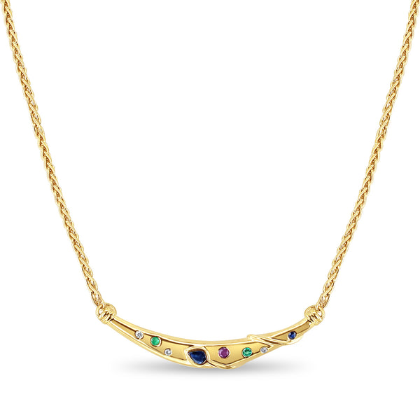 Vintage Rainbow Arc Necklace with Sapphire, Emerald, Ruby & Diamond