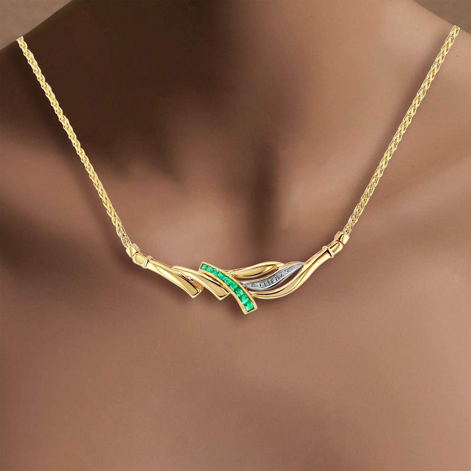 Half Carat Emerald & Diamond Necklace with Wheat Chain