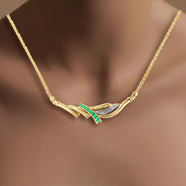 Half Carat Emerald & Diamond Necklace with Wheat Chain 14k Yellow Gold
