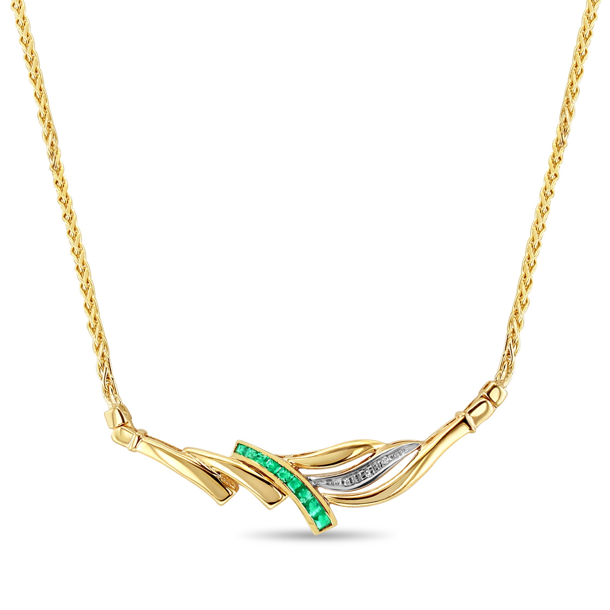 Half Carat Emerald & Diamond Necklace with Wheat Chain