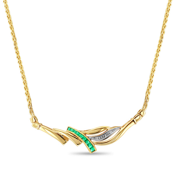 Half Carat Emerald & Diamond Necklace with Wheat Chain 14k Yellow Gold