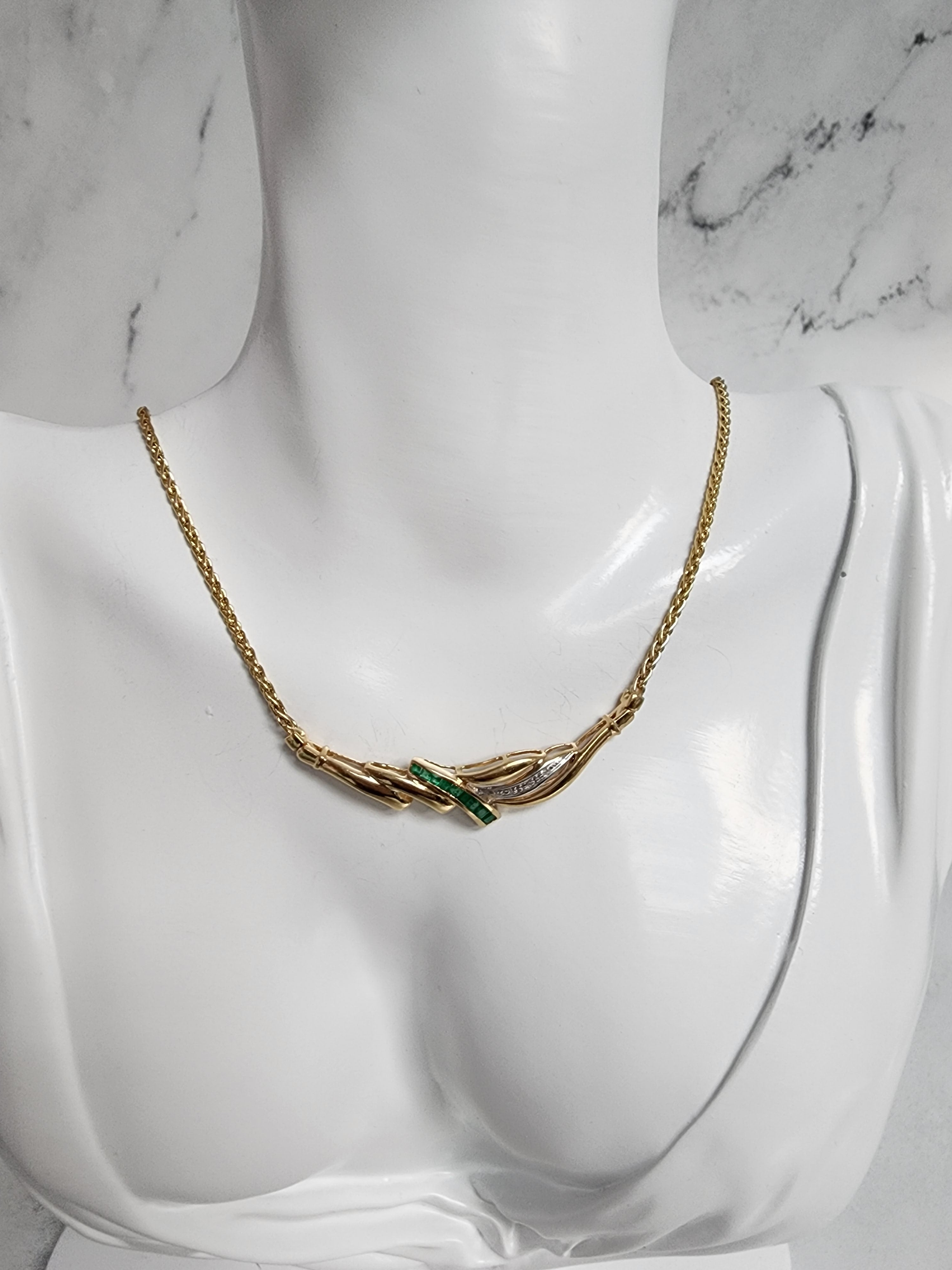 Half Carat Emerald & Diamond Necklace with Wheat Chain