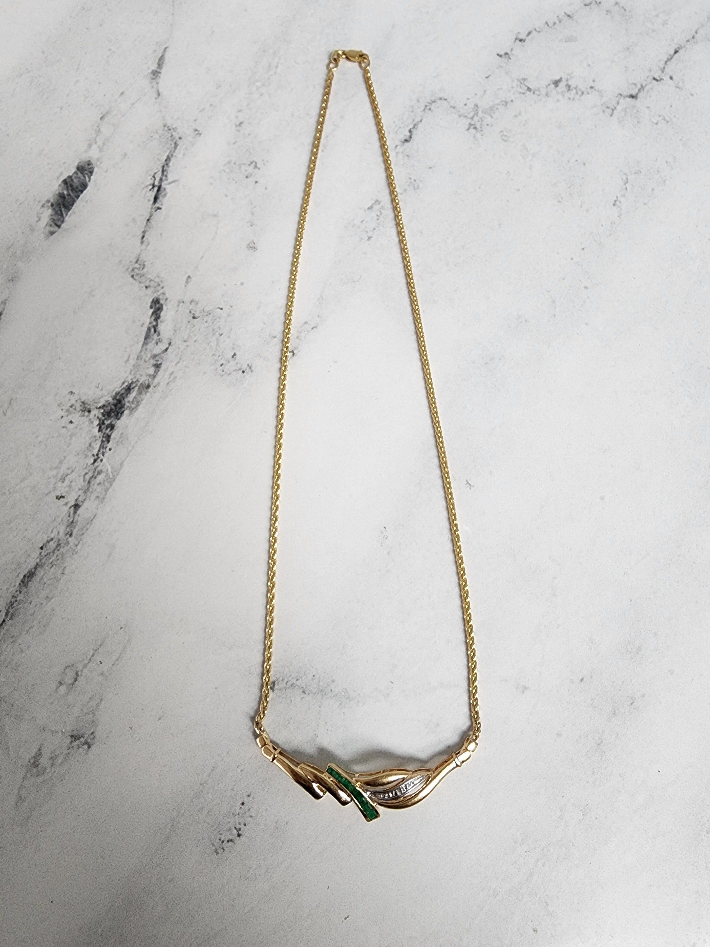 Half Carat Emerald & Diamond Necklace with Wheat Chain