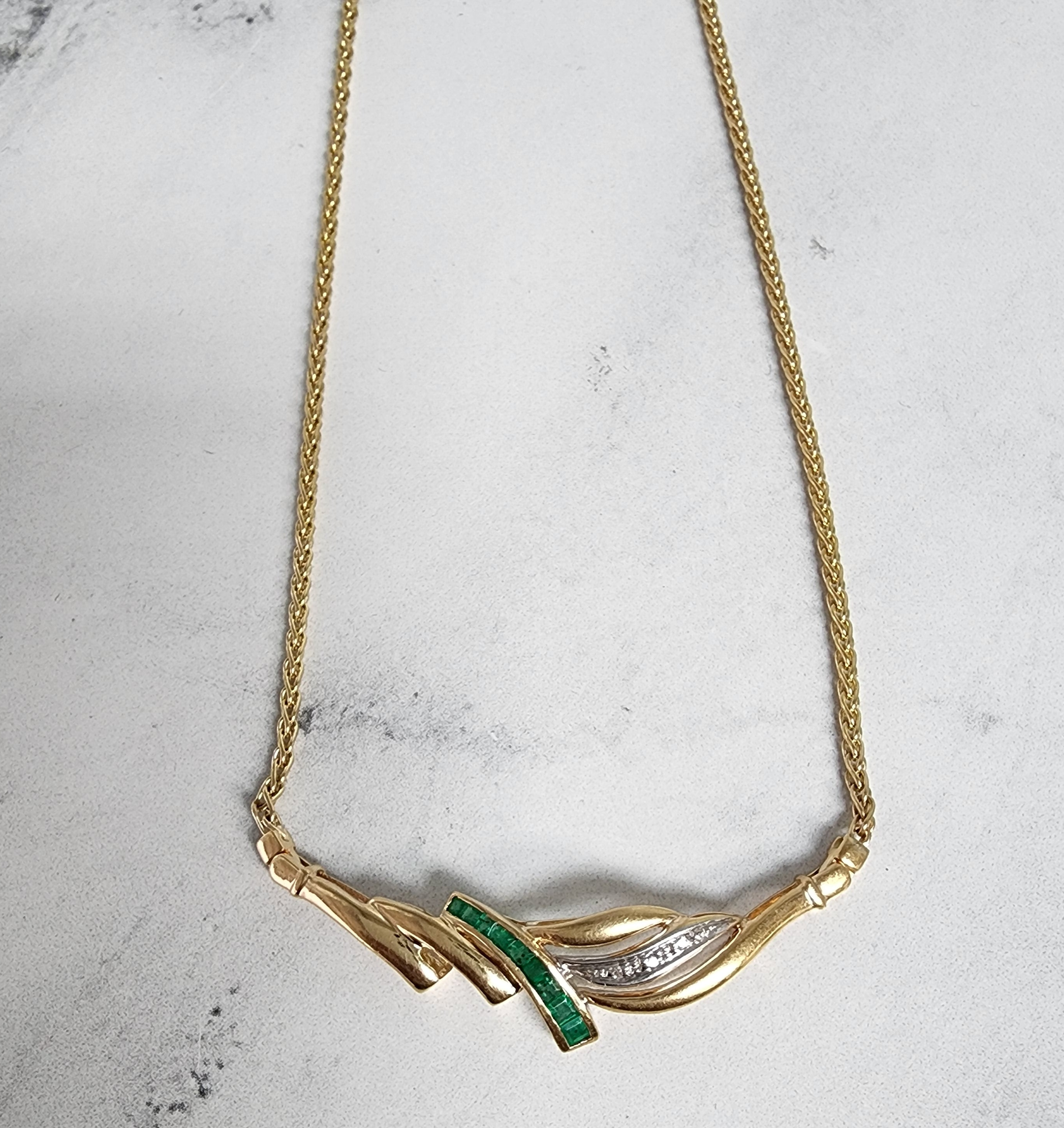 Half Carat Emerald & Diamond Necklace with Wheat Chain