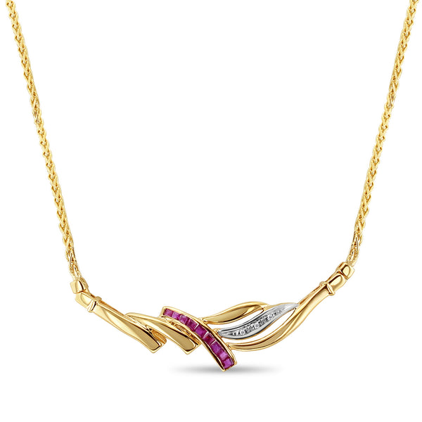 Half Carat Ruby & Diamond Necklace with Wheat Chain 14k Yellow Gold