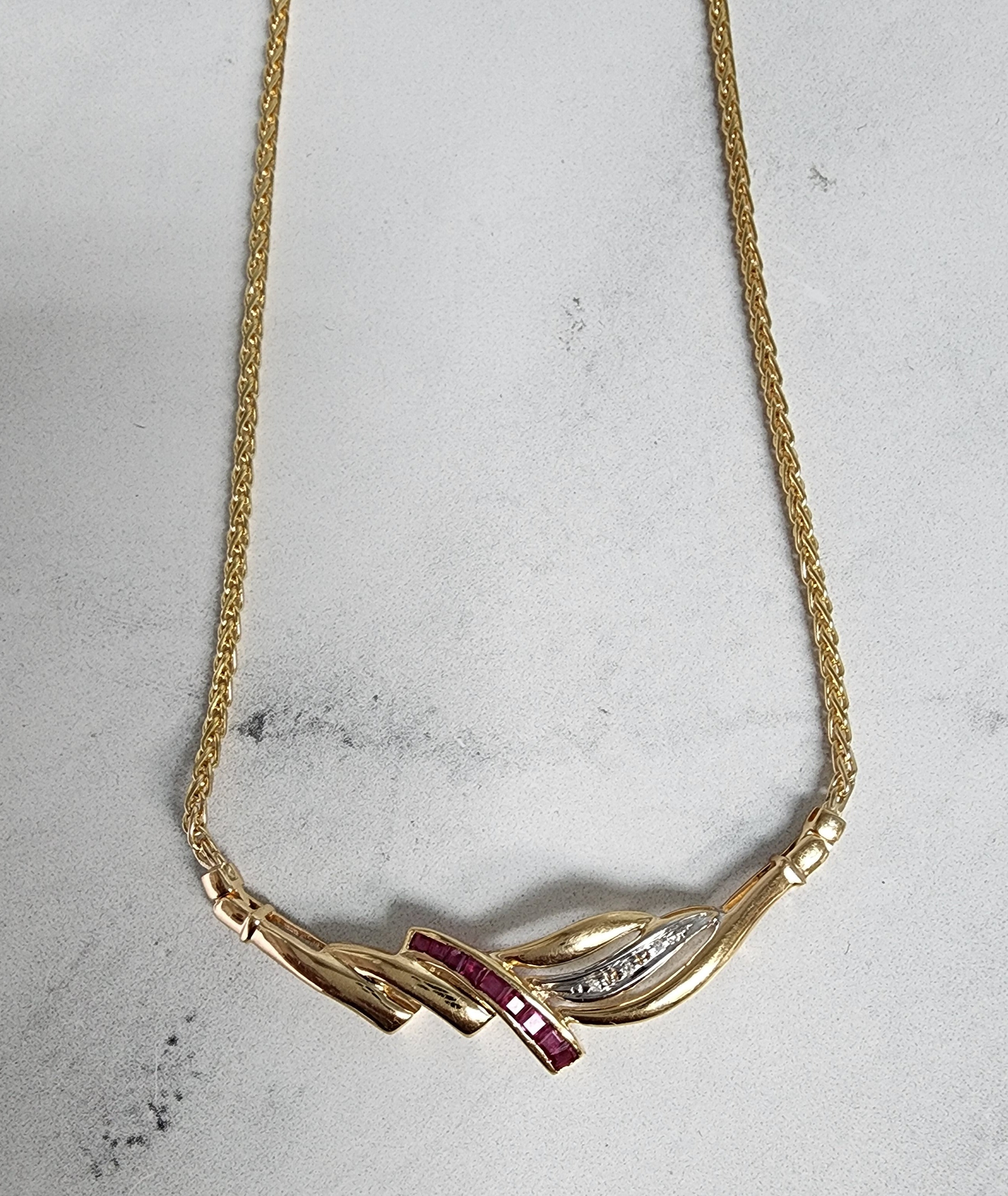 Half Carat Ruby & Diamond Necklace with Wheat Chain