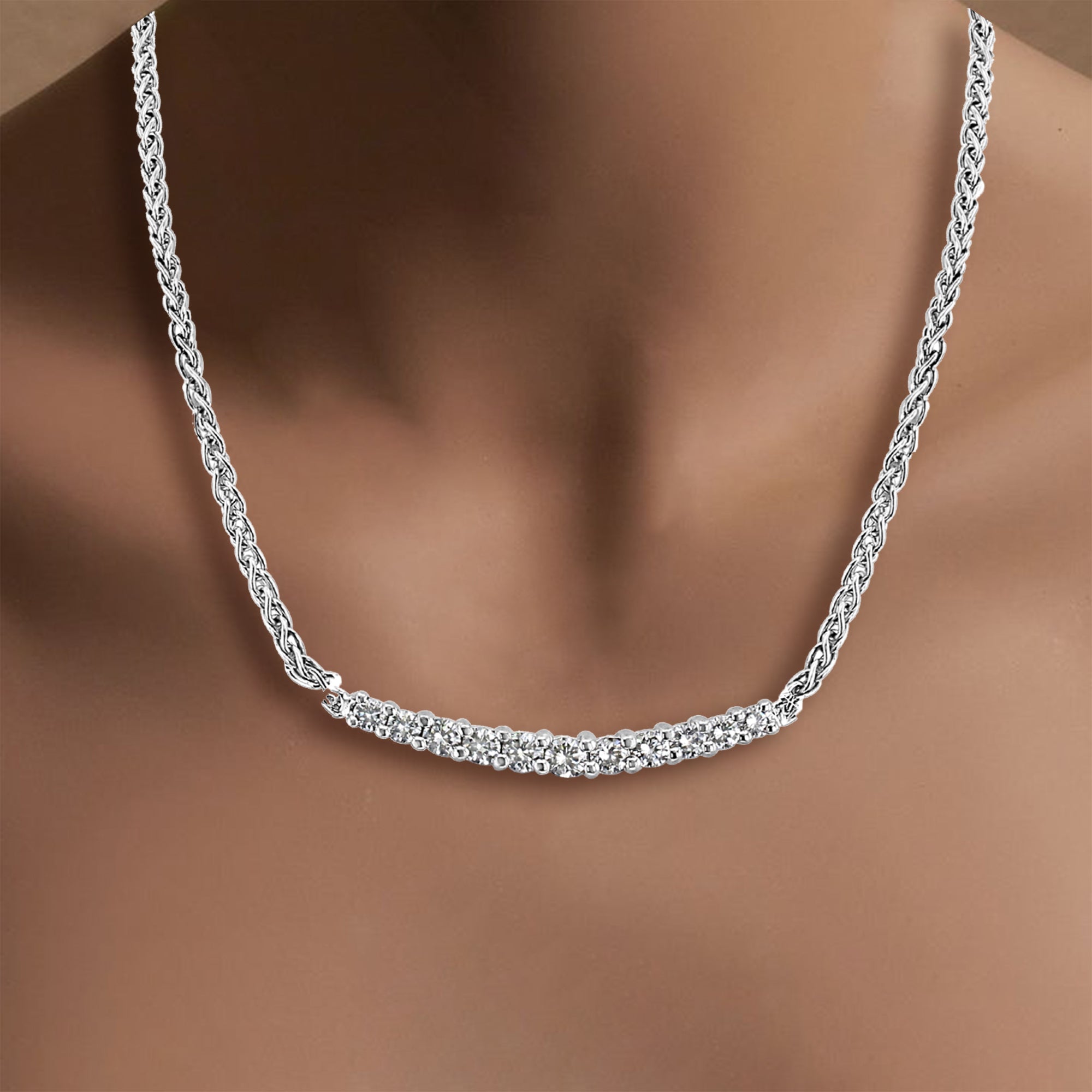 Curved Diamond Bar Necklace 14k White Gold