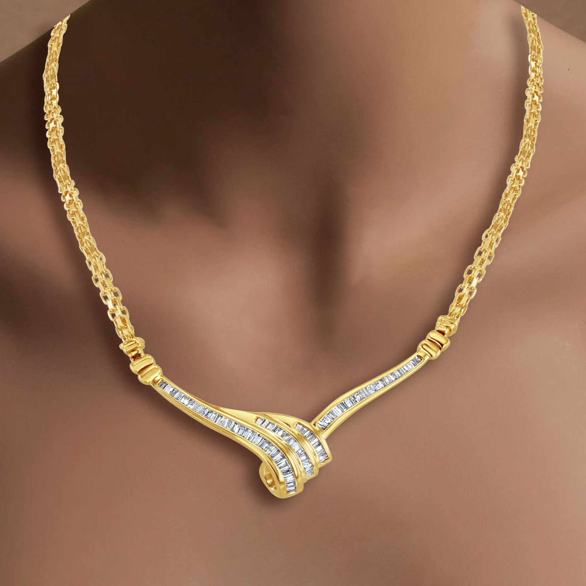 Collier en forme de « V » avec diamants baguettes et épis de blé