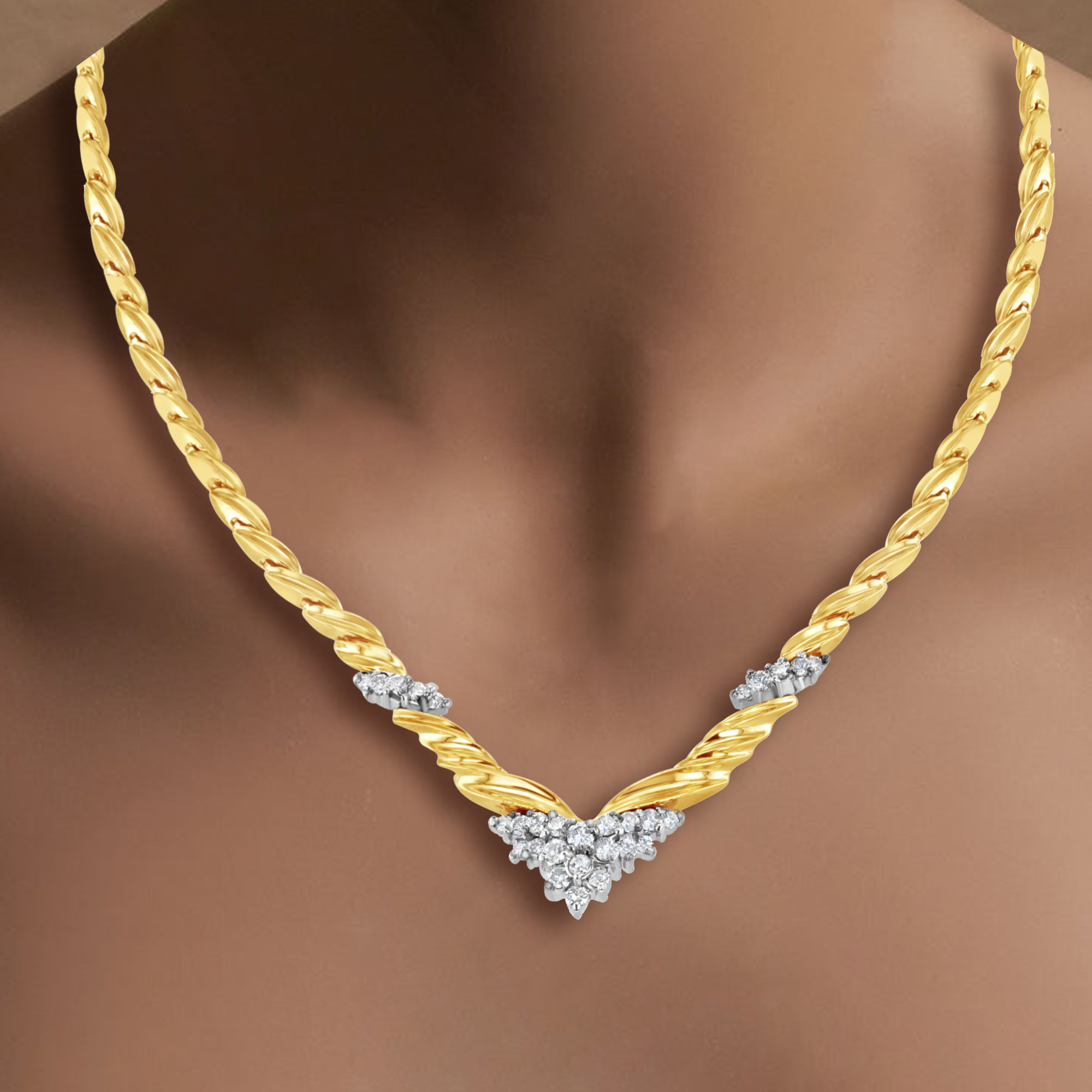 'V' Shaped Two-Toned Diamond Vintage Style Necklace