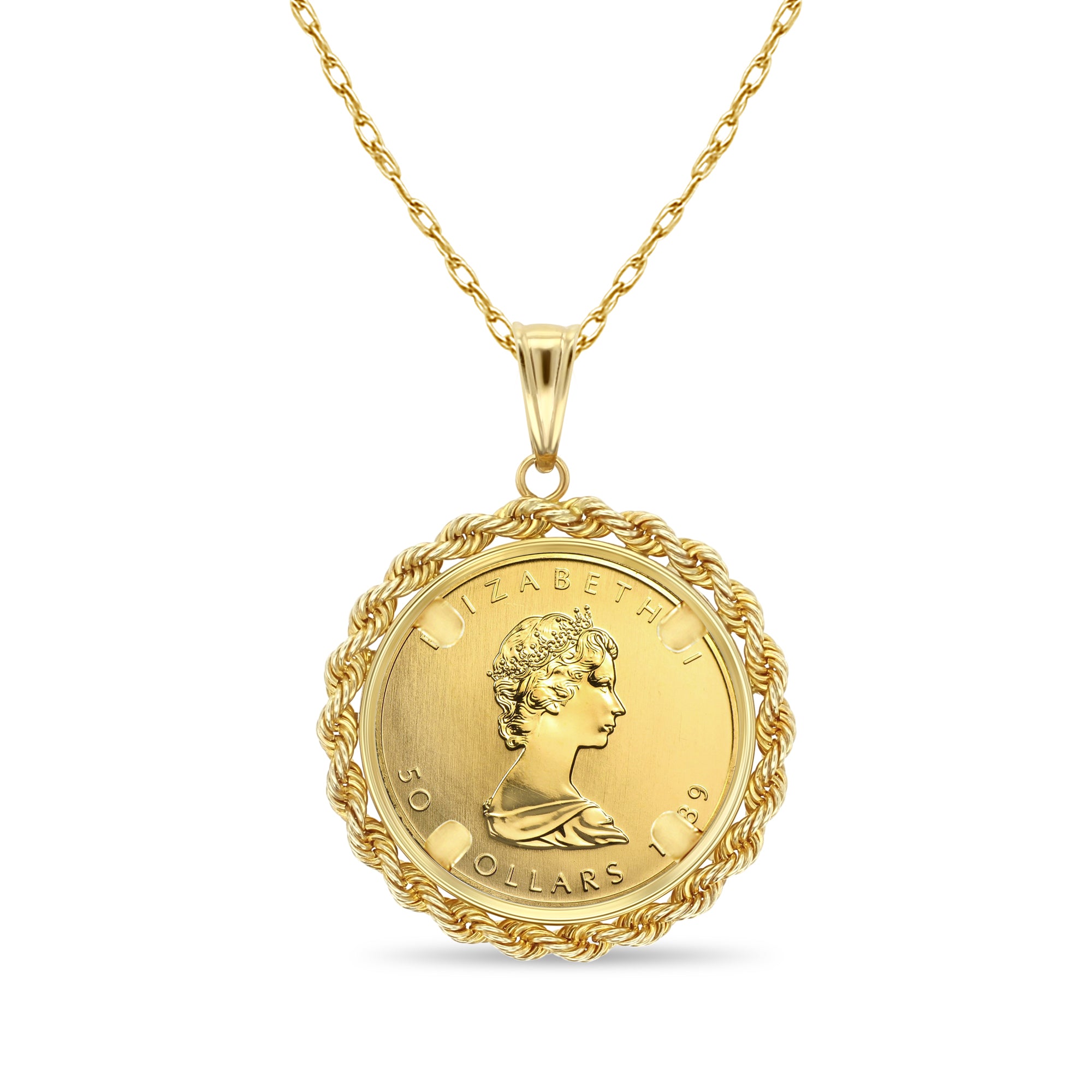 1OZ Canadian Maple Leaf Coin Necklace with 4MM Rope Halo 14k Yellow Gold