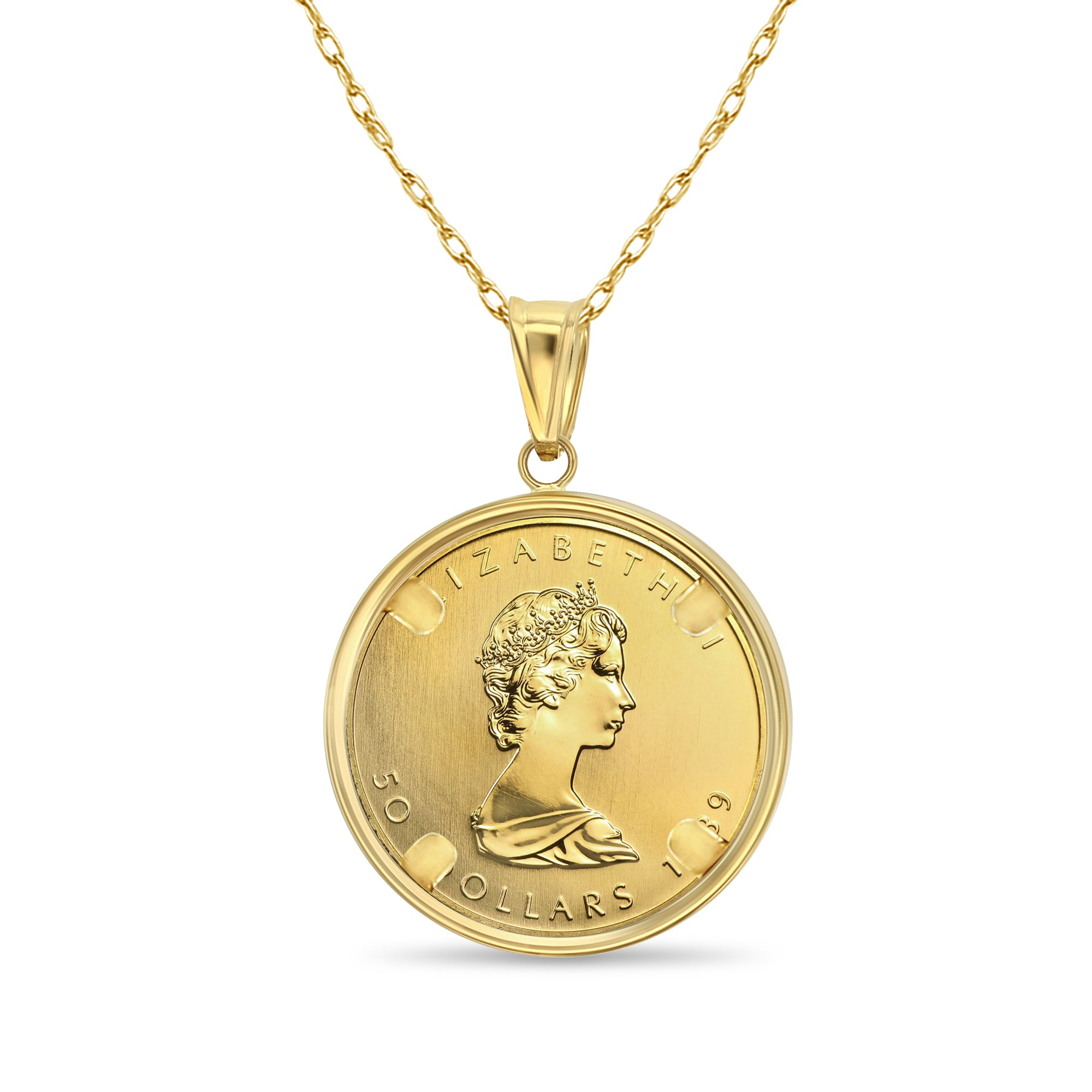 Collar con moneda de hoja de arce canadiense de oro fino de 1 oz