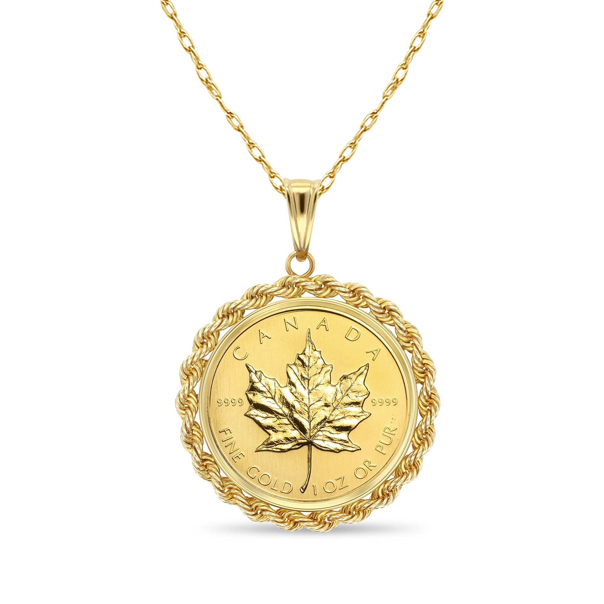 Collier en or jaune 14 carats avec pièce de monnaie en feuille d'érable canadienne de 1 oz et corde de 4 mm