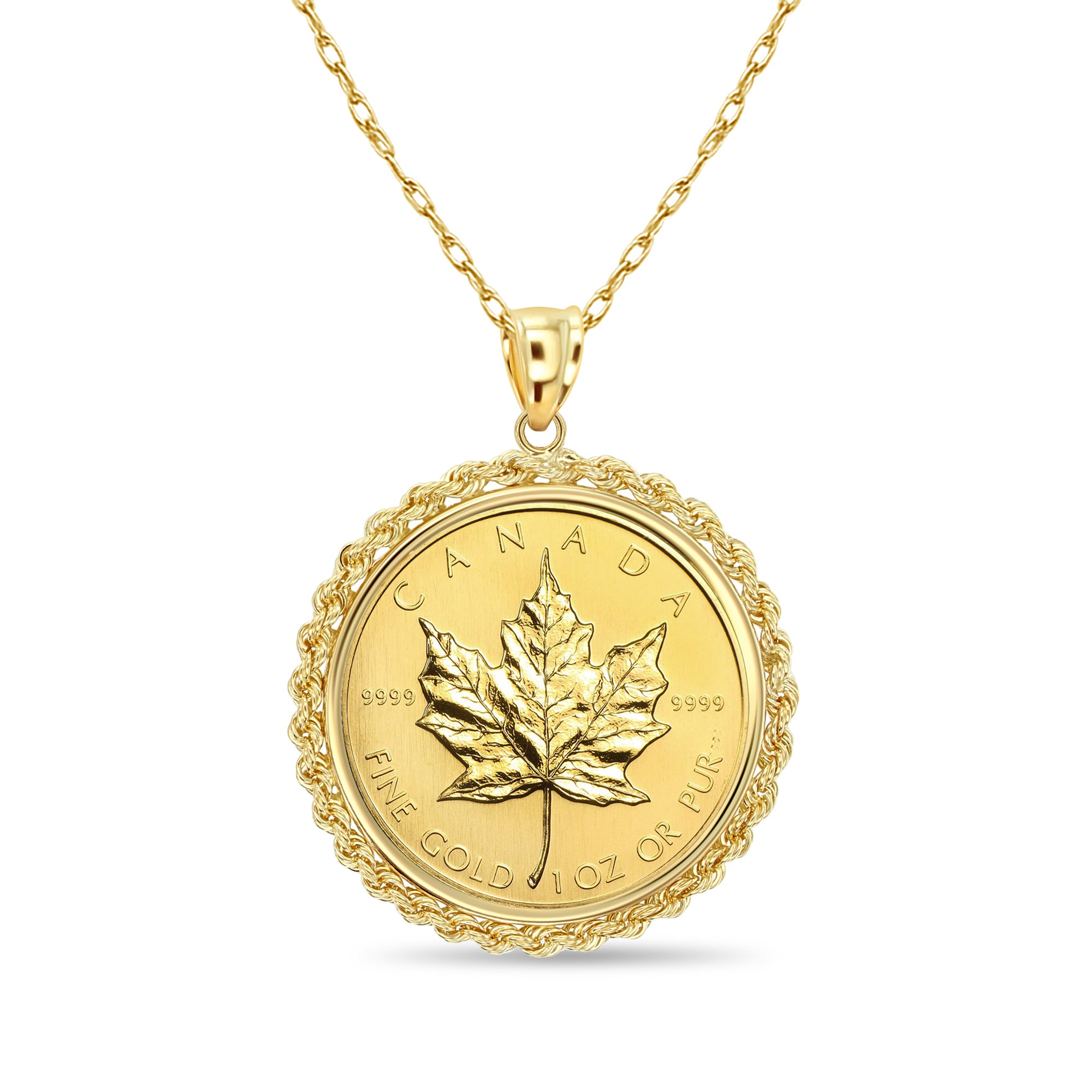 1OZ Canadian Maple Leaf Coin Necklace with 3MM Rope Halo