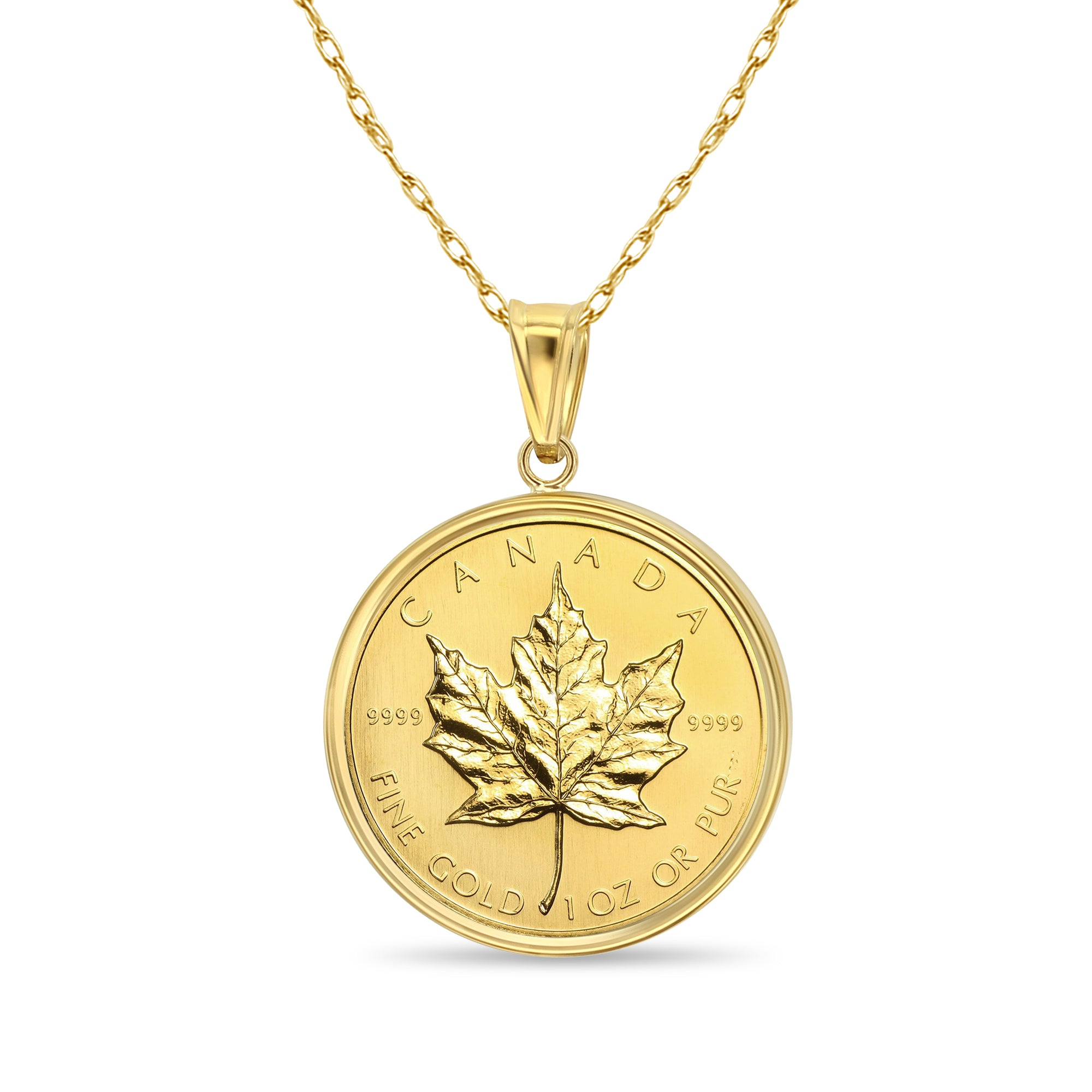 Collar con moneda de hoja de arce canadiense de oro fino de 1 oz