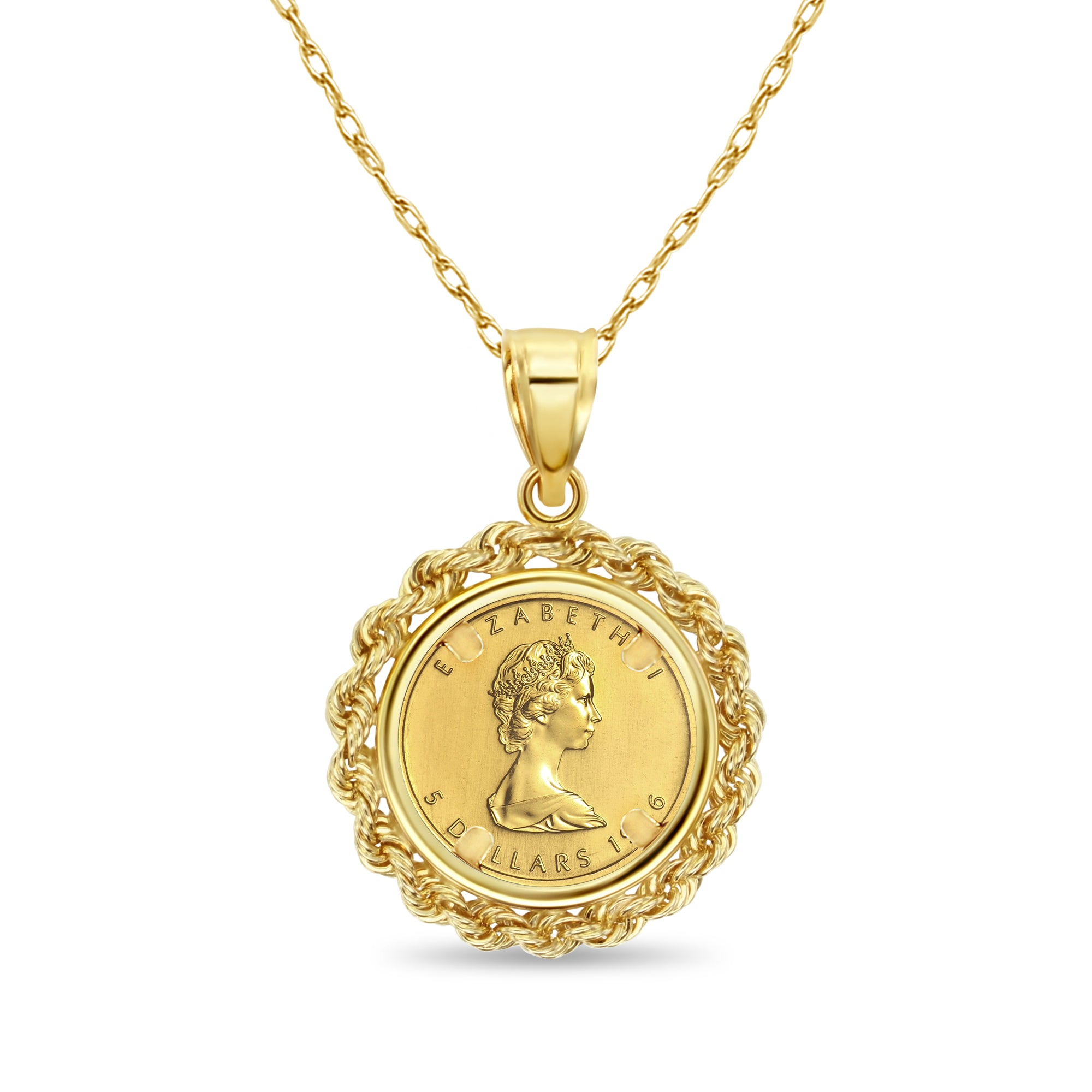 Collar con moneda de hoja de arce canadiense de oro fino de 1/10 oz con bisel de cuerda